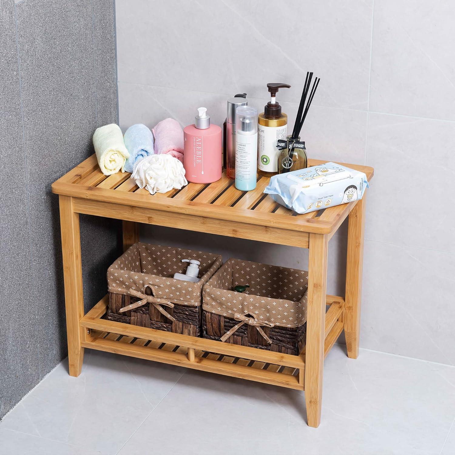Zoopolyn Bamboo Shower Bench Seat with Storage Shelf Shower Stool Chair for Shaving Legs in Bathroom & Inside Shower Natural