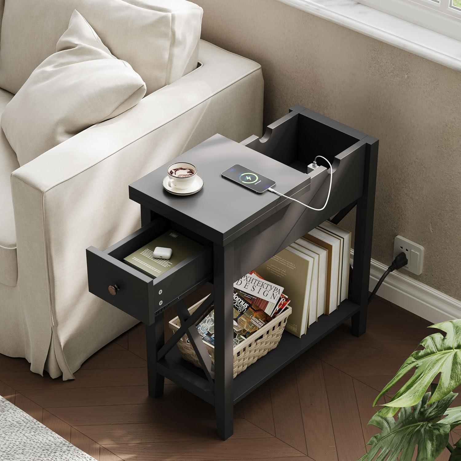 ChooChoo End Table with Charging Station, Narrow Side Table with USB Ports and Outlets, Nightstand with Drawer, for Small Spaces, Bedside Tables for Living Room Black
