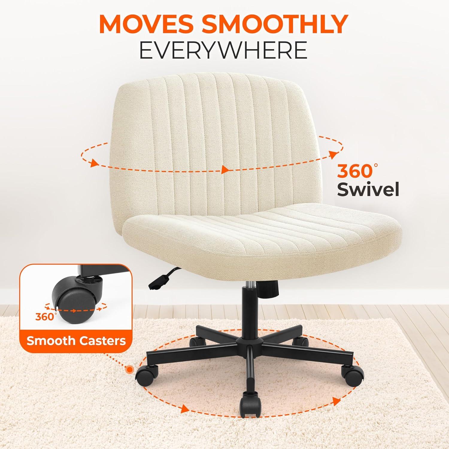 Orange Factory Criss Cross Chair with Wheels, Armless Cross Legged Office Desk Chair, Wide Comfy Vanity Rolling Swivel Modern Comfortable Fabric Computer Task Chairs for Home Office (Beige)