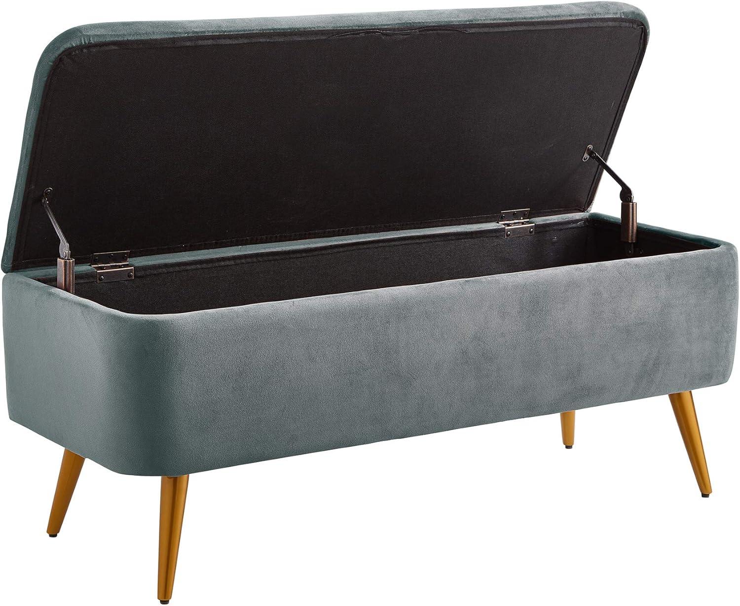 Gray Velvet Upholstered Storage Bench with Golden Tapered Legs