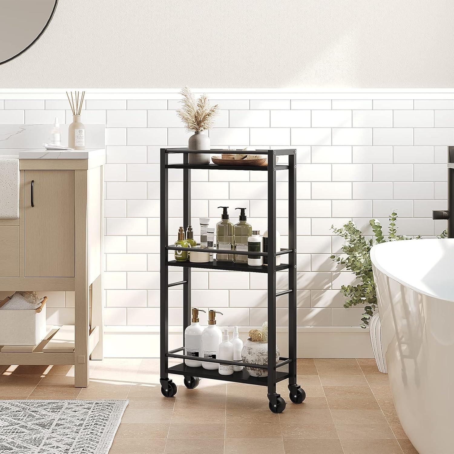 Slim Rolling Cart, Mobile Kitchen Cart on Wheels, Narrow Storage Cart for Small Space, Wooden Service Cart, for Bathroom, Laundry, Living Room, Black RCHB1501