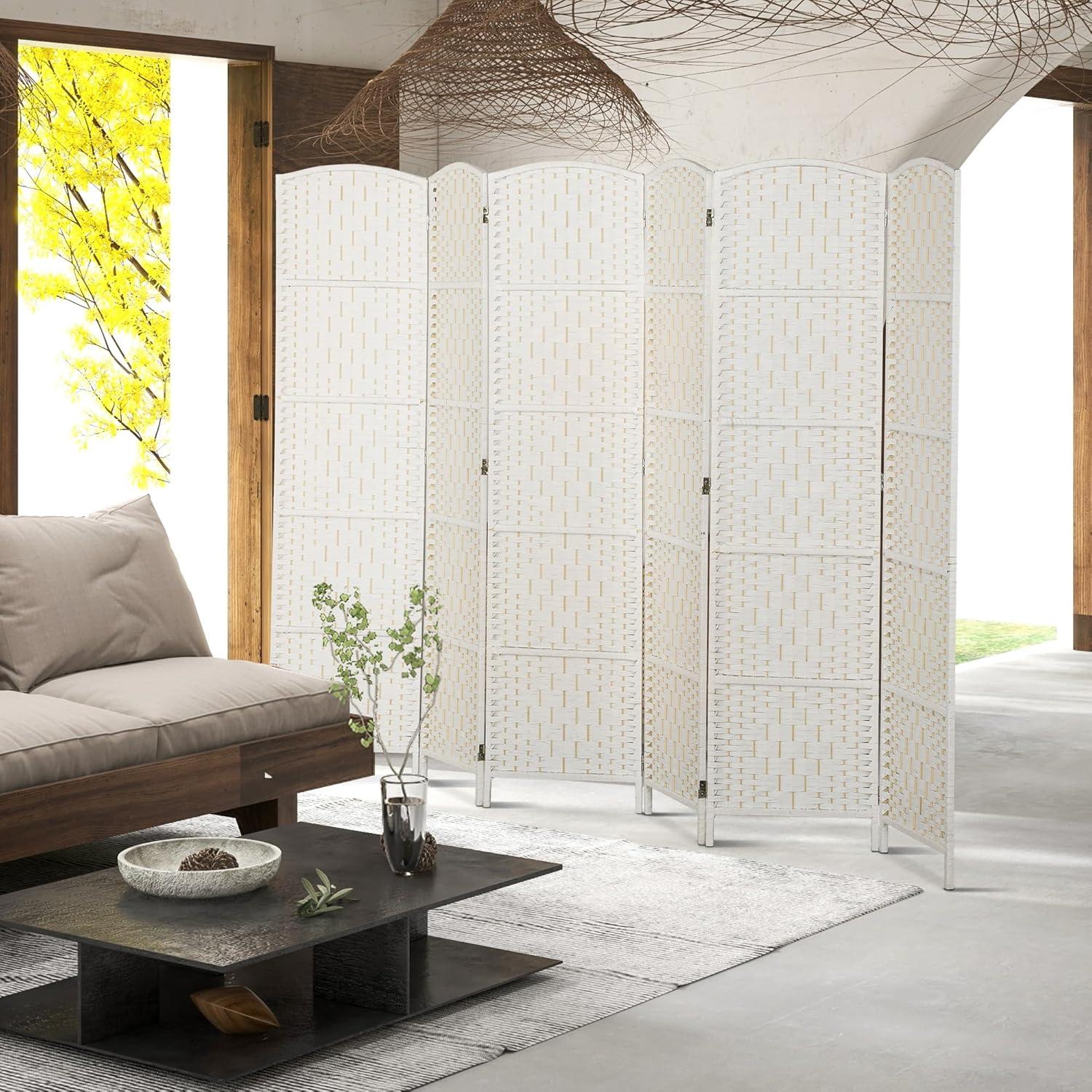 Highland Dunes Room Divider, Panel Folding Privacy Screen, 6FT Tall Portable Wicker Weave Partition Wall Divider For Bedroom, Home Office, White
