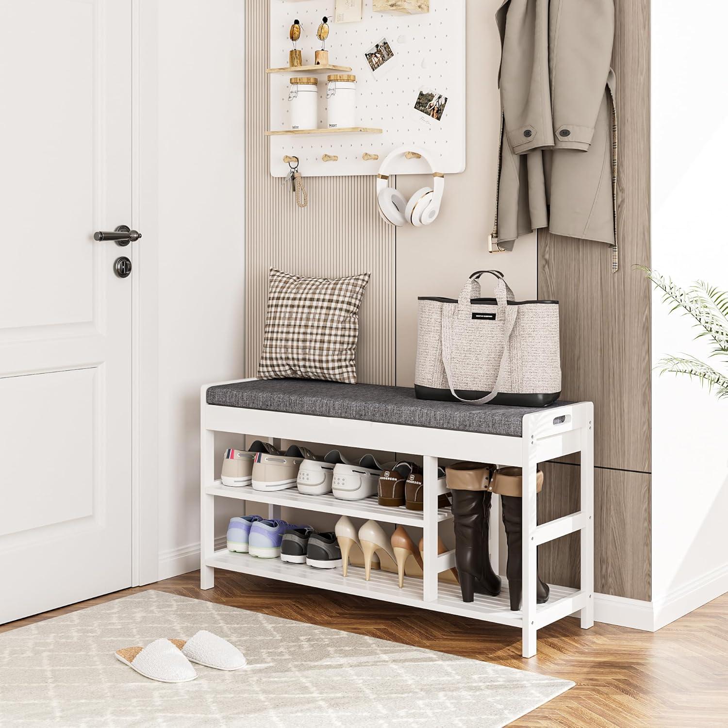 White Bamboo Shoe Storage Bench with Cushion and Hidden Compartment