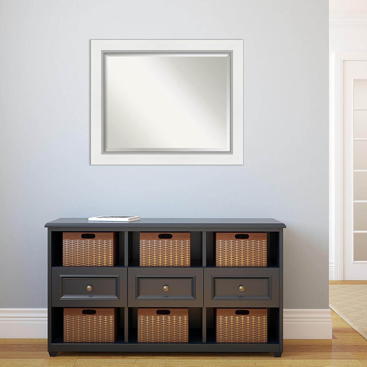 Amanti Art 33" x 27" Eva White Silver Framed Bathroom Vanity Wall Mirror: Modern Rectangular, Wall-Mounted, Beveled Glass