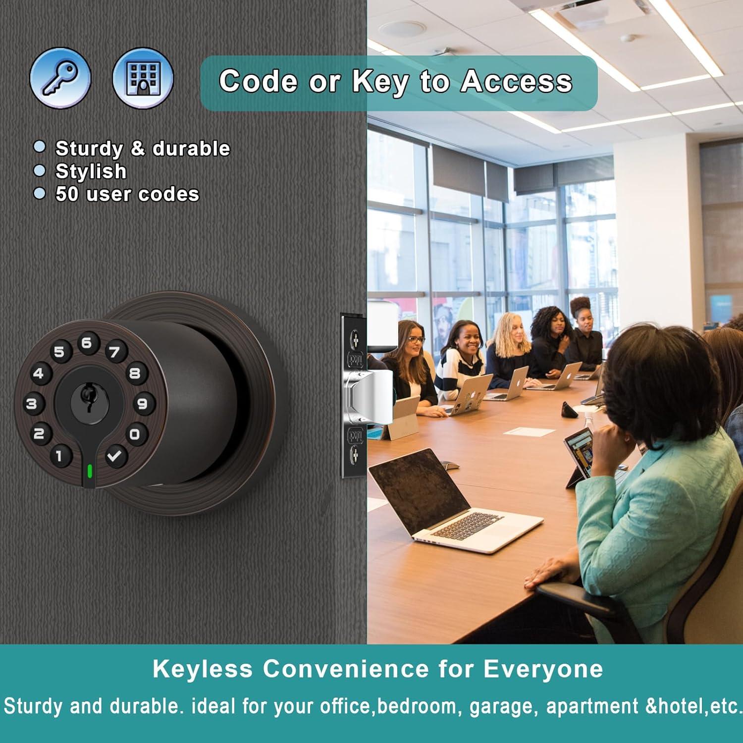 Keypad Door Handle With Key, Keyless Code Entry Lock, Automatic Lock, 50 User Codes, Easy To Install, Suitable For Home, Office, Hotel, Bedroom, Garage, No Door Latch