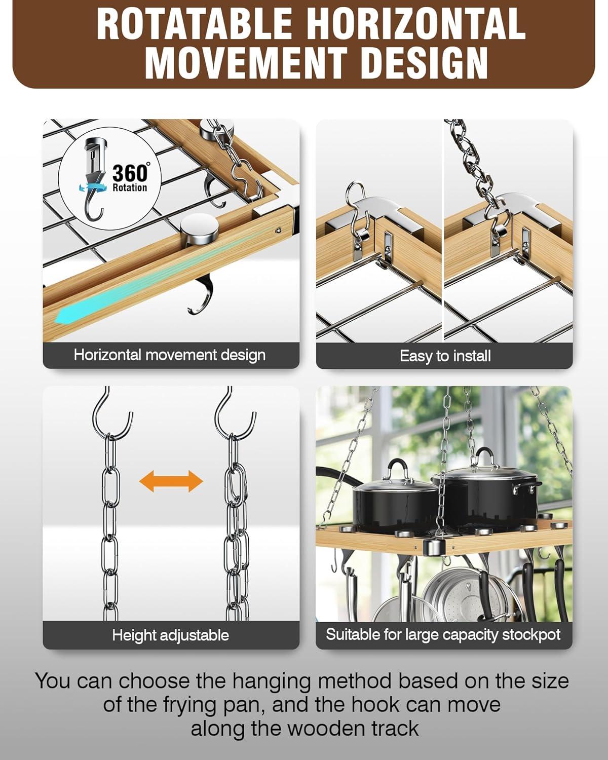 24-inch Natural Wood and Metal Ceiling Mounted Pot Rack