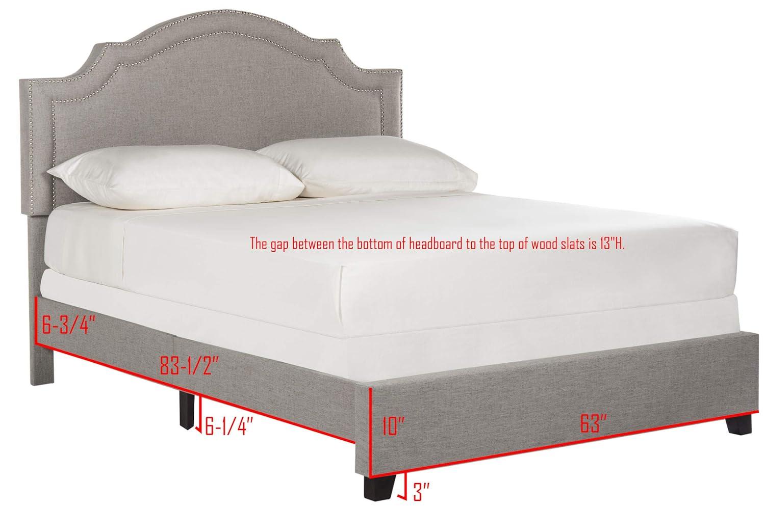 Beige Linen Upholstered Queen Platform Bed with Nailhead Trim