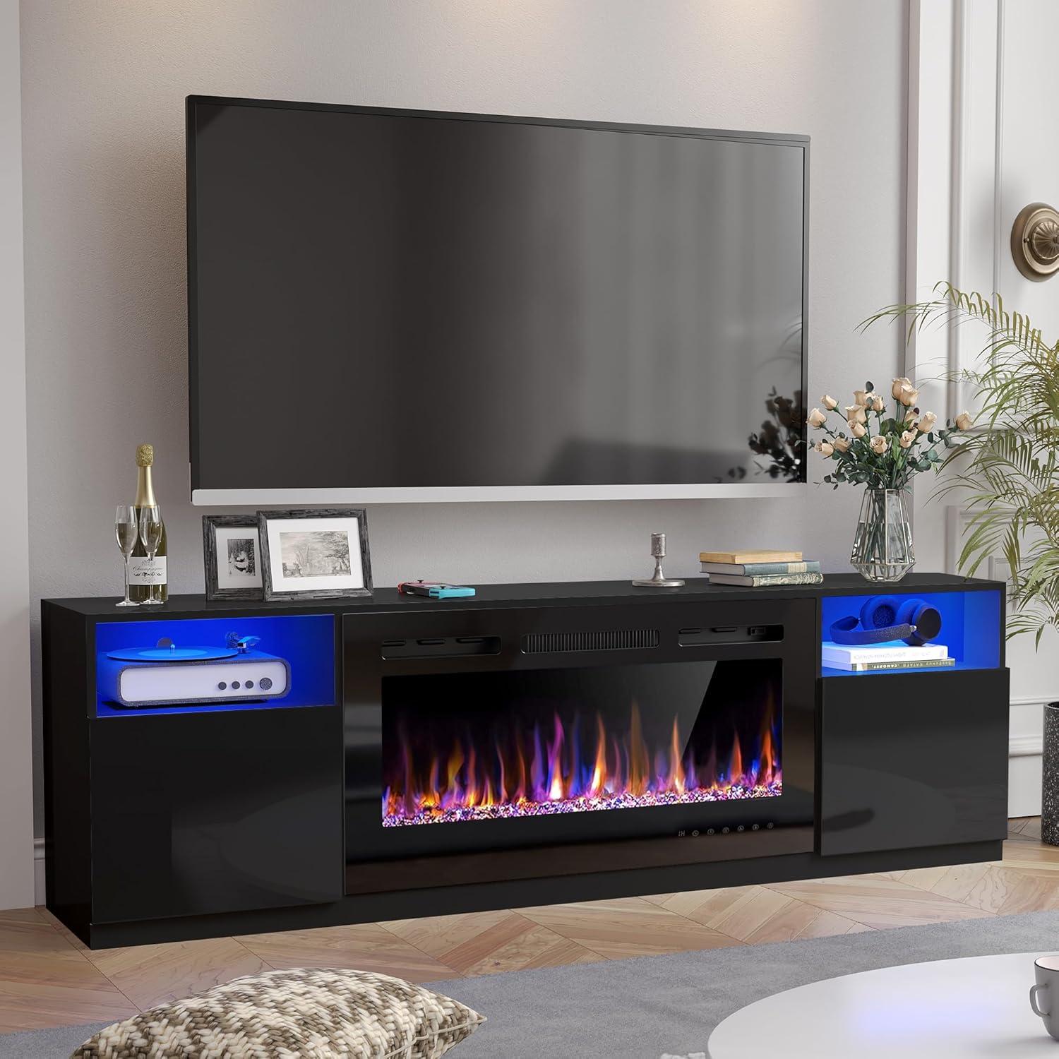 Hohenstein 70'' Fireplace Media Console, LED TV Stand for TVs Up to 80" with 36" Electric Fireplace