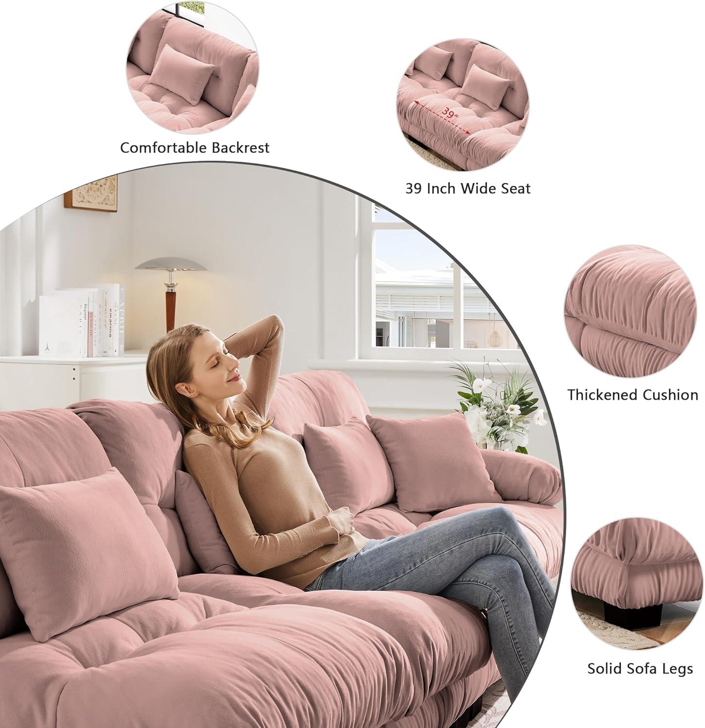 FFH Loveseat with Ottoman, 94.4" Oversized Cloud Sofa, L-Shaped Sectional Couch for Living Room (Chenille Pink, 2 Seater with 1 Ottoman)
