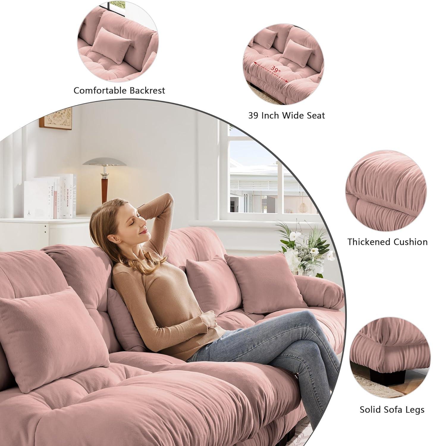 FFH Loveseat with Ottoman, 94.4" Oversized Cloud Sofa, L-Shaped Sectional Couch for Living Room (Chenille Pink, 2 Seater with 1 Ottoman)