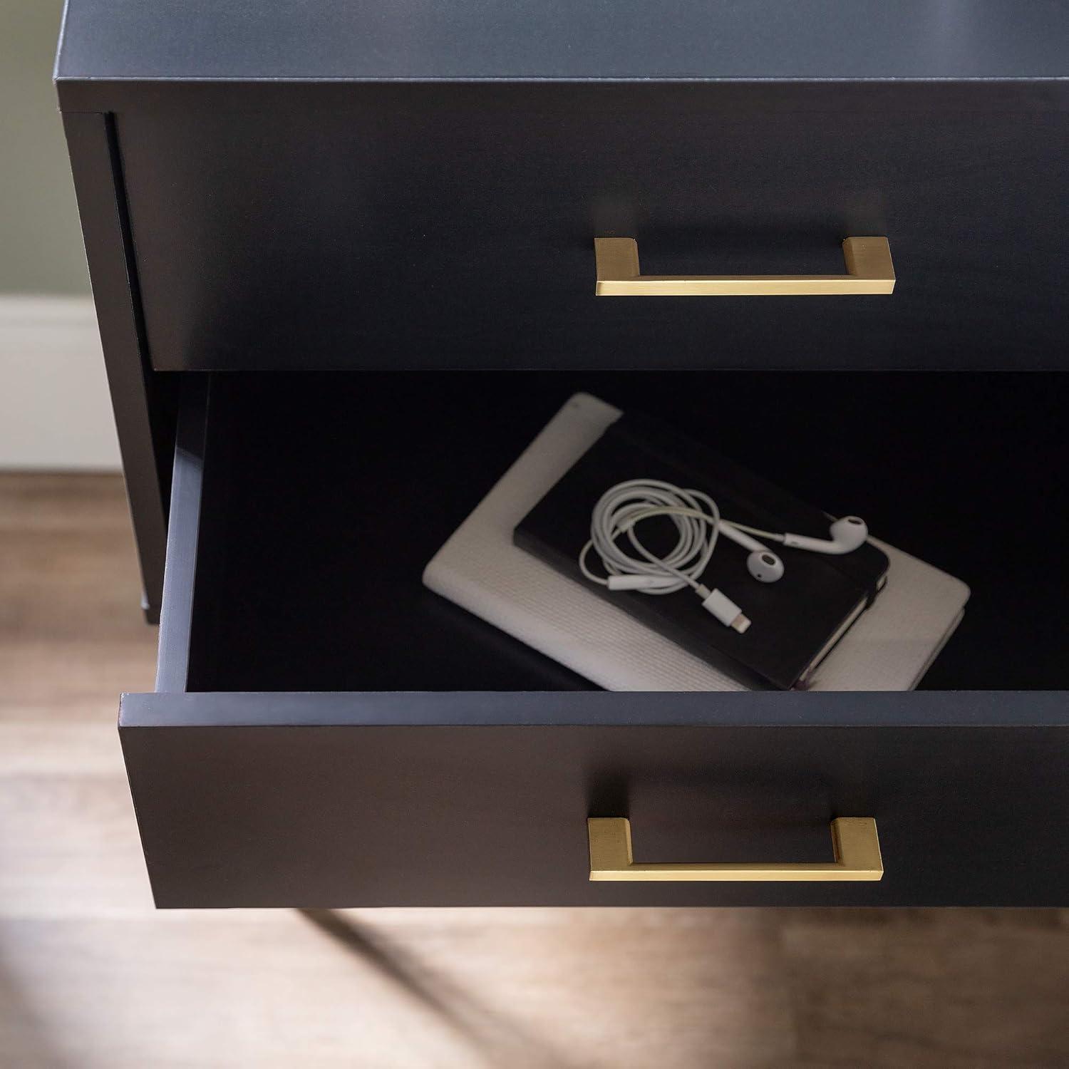 Black Wood and Metal 2-Drawer Side Table with Storage