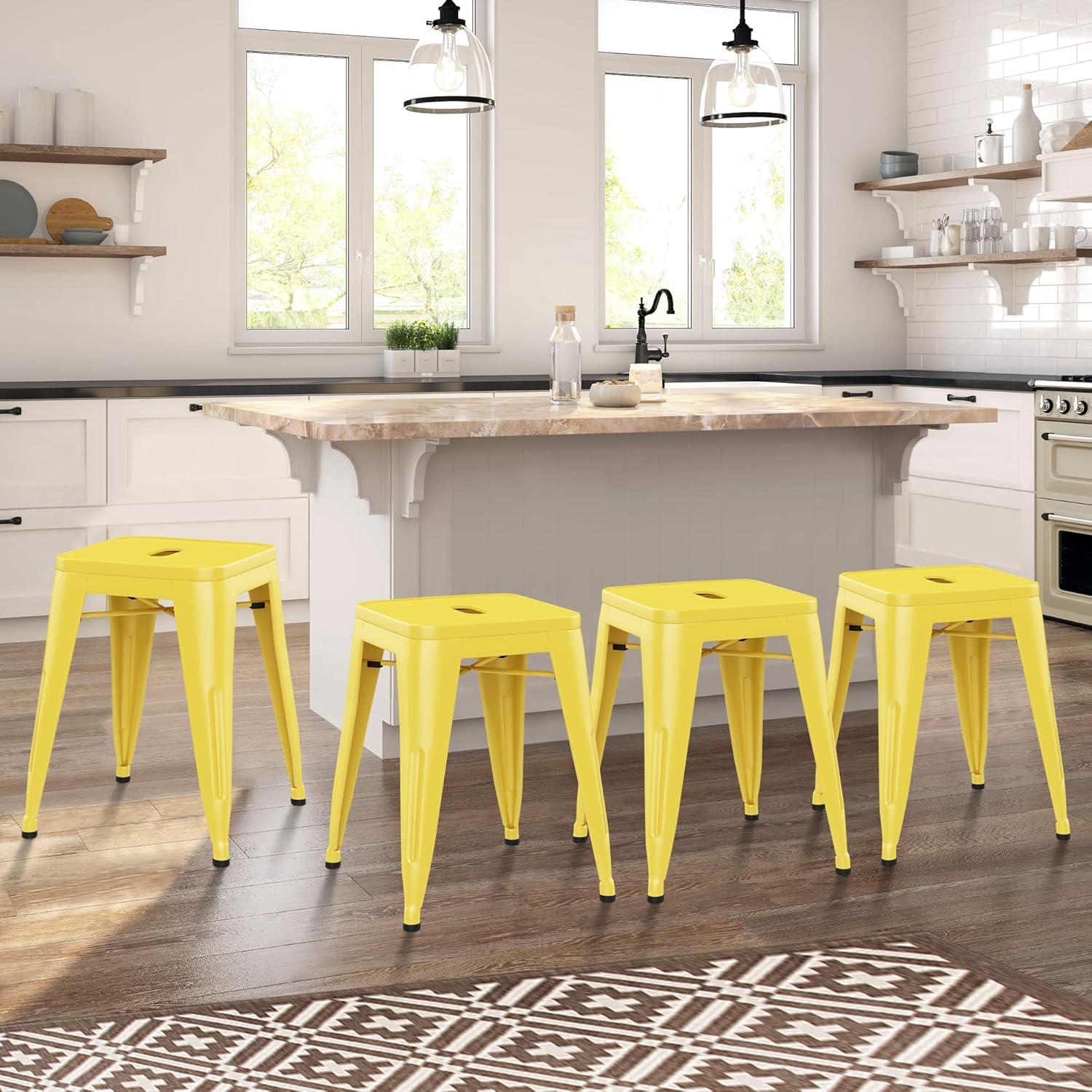 WENTMENT 18 Inch Stools Set of 4 Metal Stools Vintage Stackable Backless Stools for Classroom Home Kitchen Kids Stools Yellow