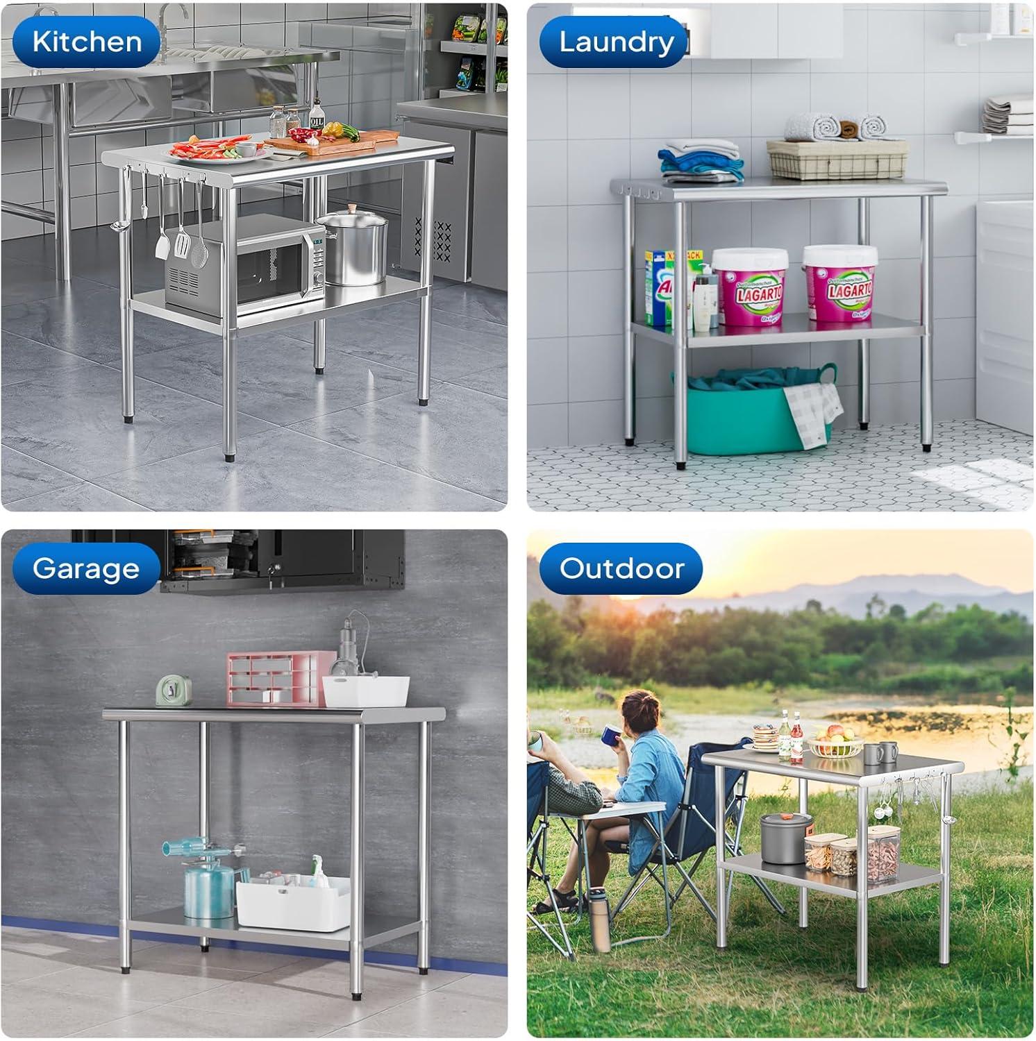 ROVSUN 36'' x 24'' Stainless Steel Table for Prep & Work, Metal Table with Undershelf for Kitchen Restaurant, Home