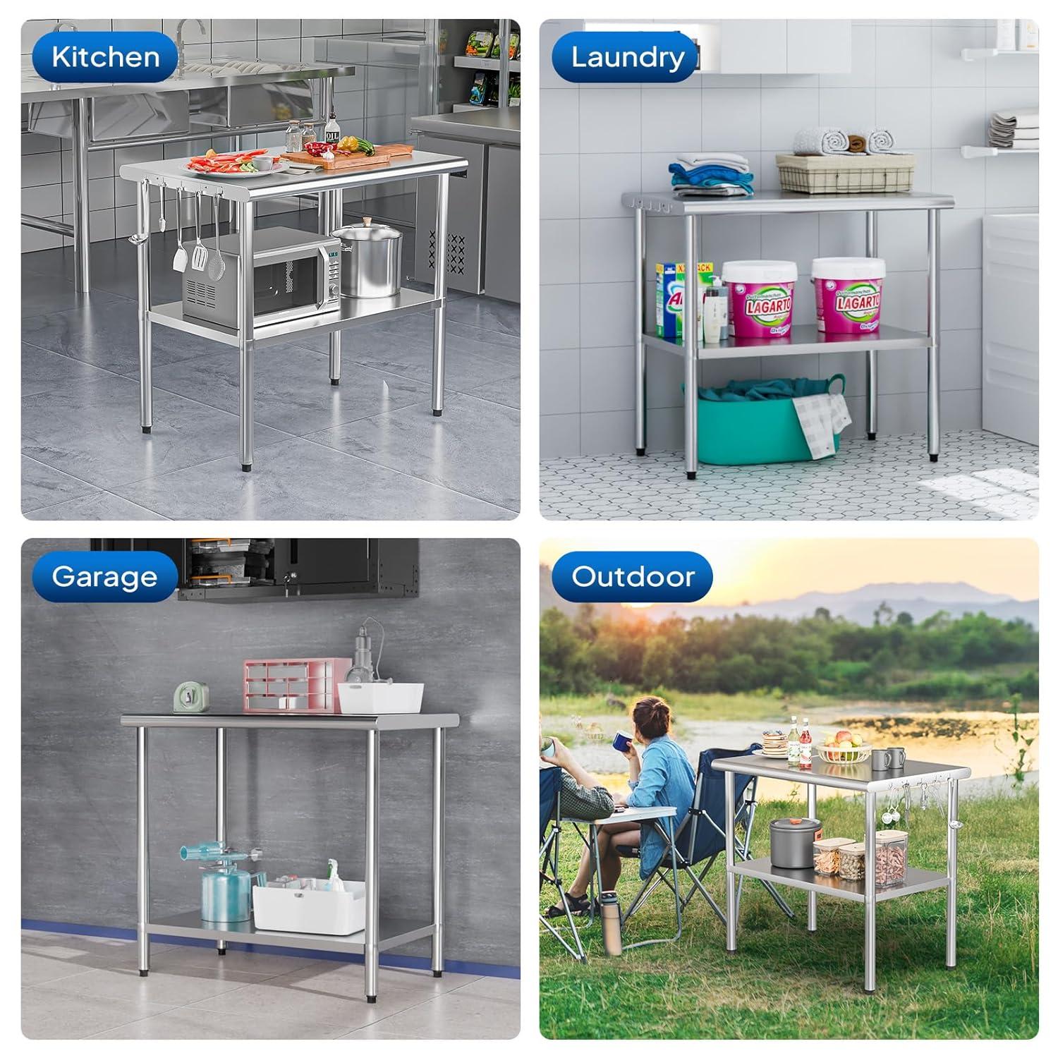 ROVSUN 30'' x 24'' Stainless Steel Table for Prep & Work, Metal Table with Undershelf for Kitchen Restaurant, Home