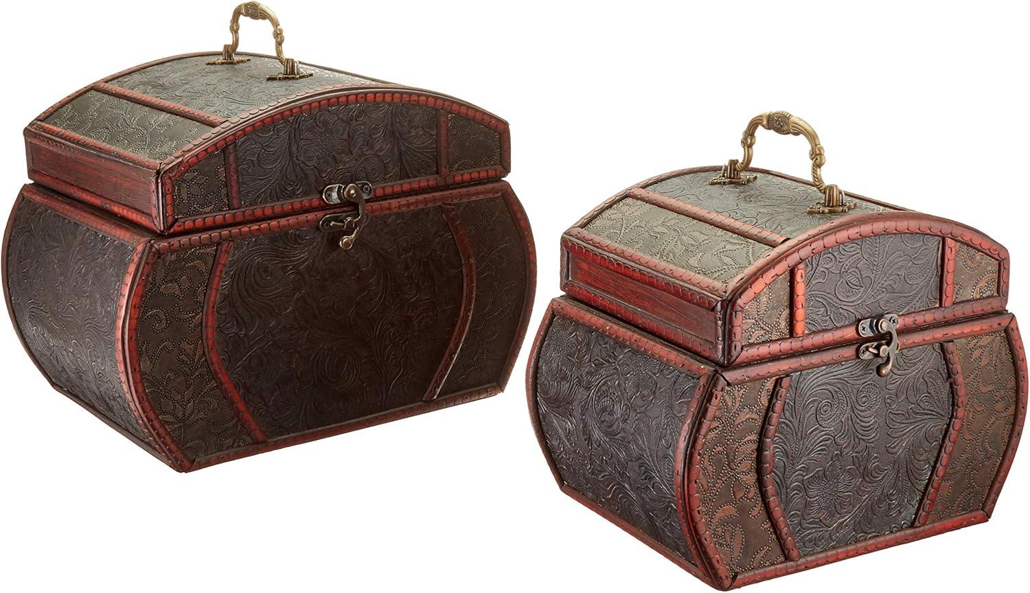 Elegant Brown and Wine Floral Wooden Decorative Chest Set