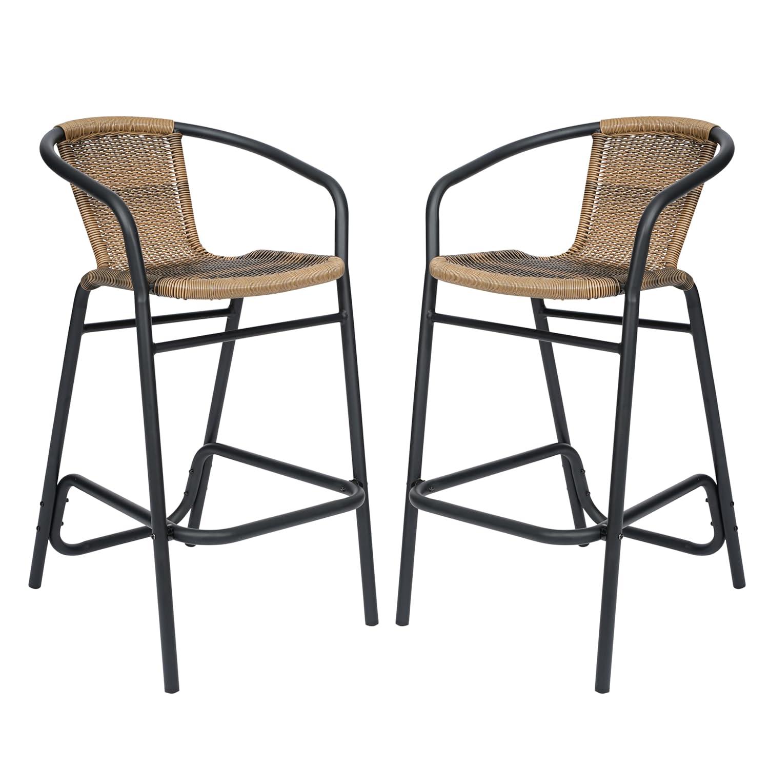 Flash Furniture Lila Set of 2 Commercial Grade Indoor-Outdoor PE Rattan Restaurant Barstool with Black Aluminum Frame and Footrest in Medium Brown