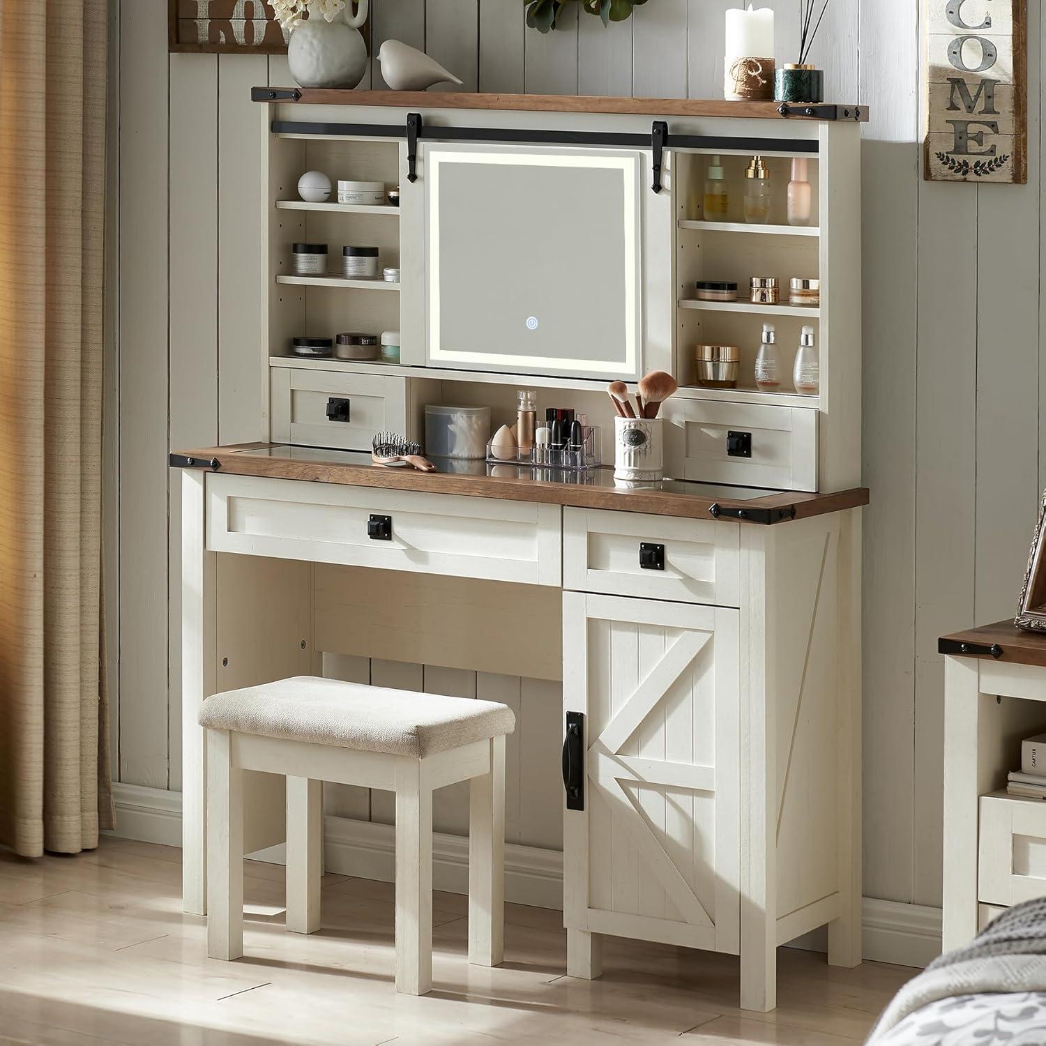OKD Farmhouse Rustic Makeup Vanity Desk with Sliding Mirror and Lights, Glass Top Vanity Set with Charging Station, 4 Drawers & 1 Cabinet, Includes Stool - Big Vanity for Bedroom, Light Rustic Oak