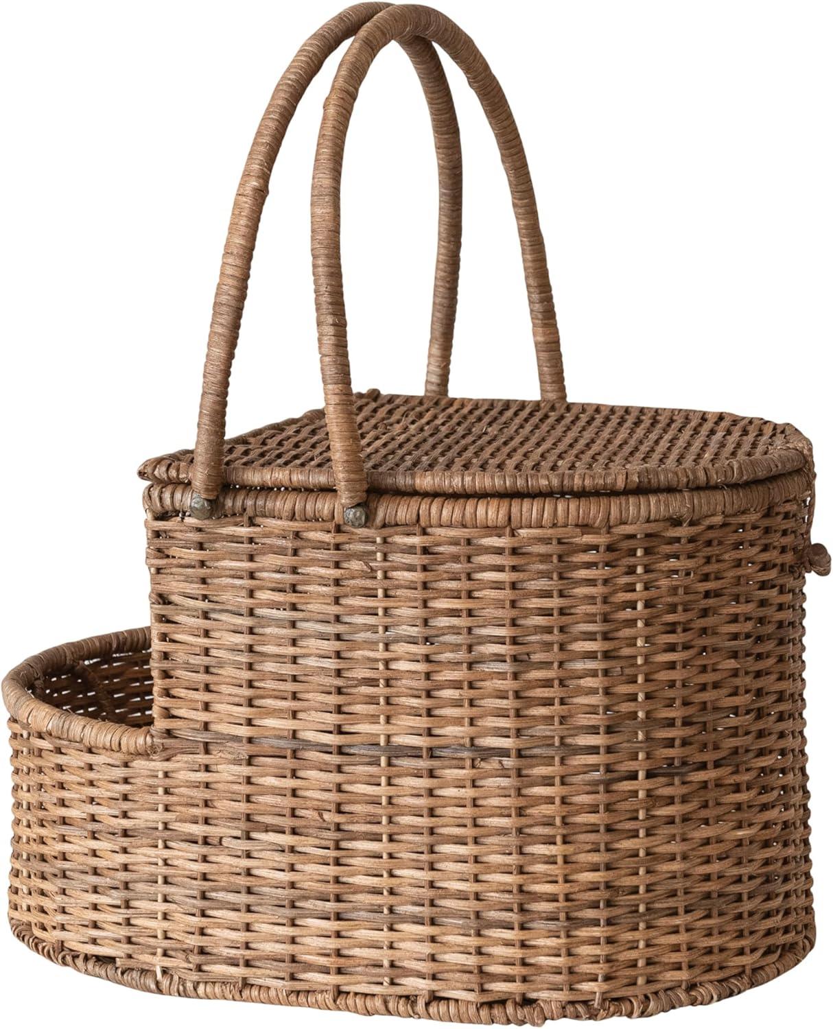 Creative Co-Op Oval Rattan Wicker Picnic Basket with Open Side Compartment, Natural