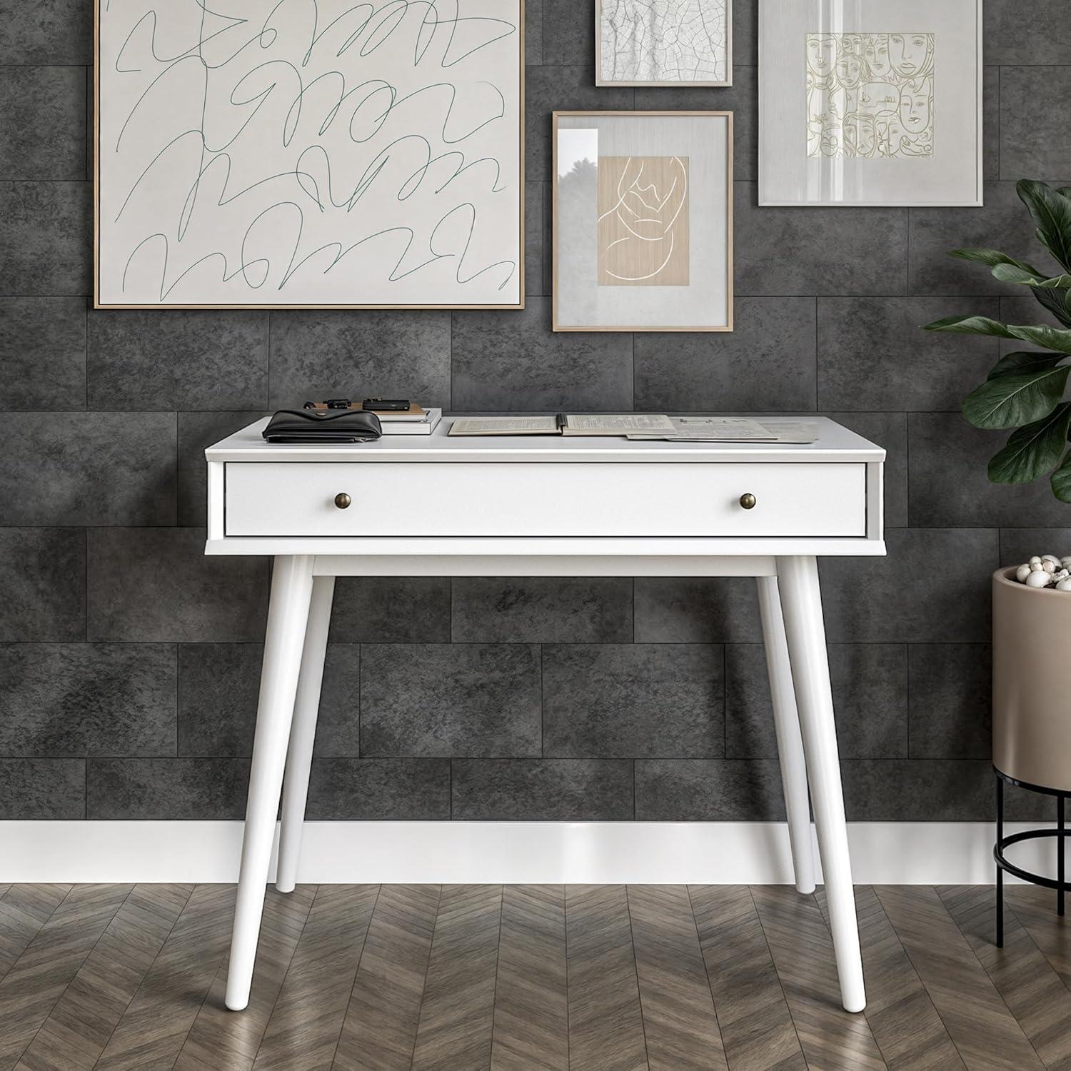 Camaflexi Mid Century Modern Desk Solid Wood Writing Table for Small Spaces, White