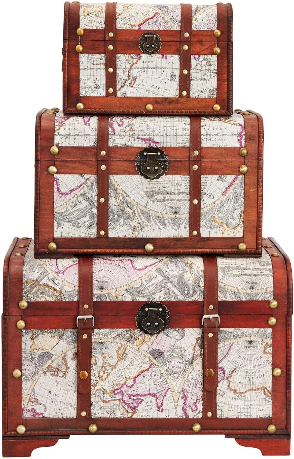 Juvale Set of 3 Small Wooden Storage Trunks and Chests, Living Room Décor Suitcases with Antique Map Print for Jewelry, 3 Sizes