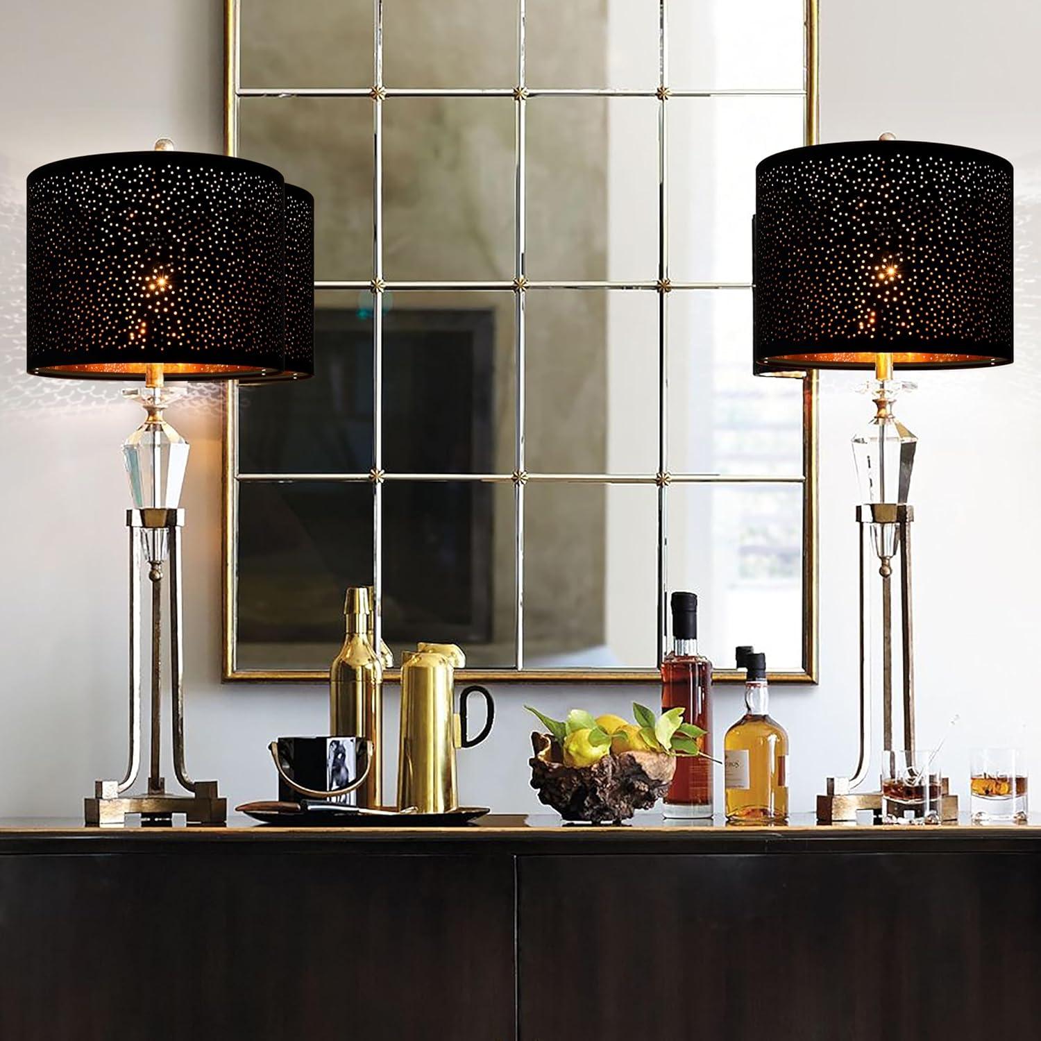 GO&SO Black Lamp Shades Set of 2, Drum Lampshades with Laser Drilling Design, Medium Lampshade 13" Top x 13" Bottom x 10" High, Lamp Shade For Tablelamp,Floor Lamps,Wall Hanging, Assembly Required
