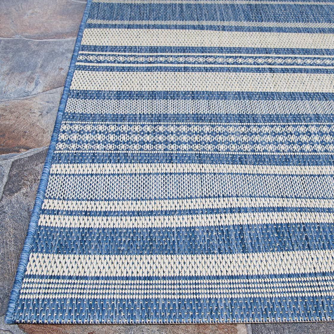 Champagne and Blue Striped 5' x 7' Flat Woven Area Rug