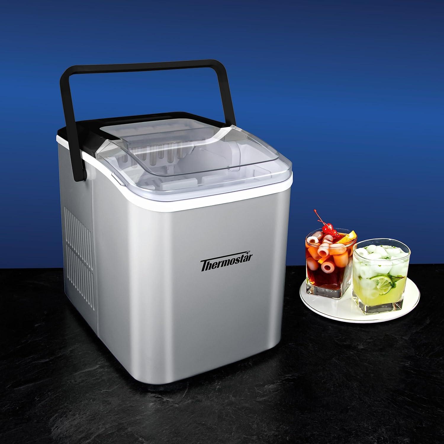 Silver Portable Self-Cleaning Countertop Ice Maker with Handle