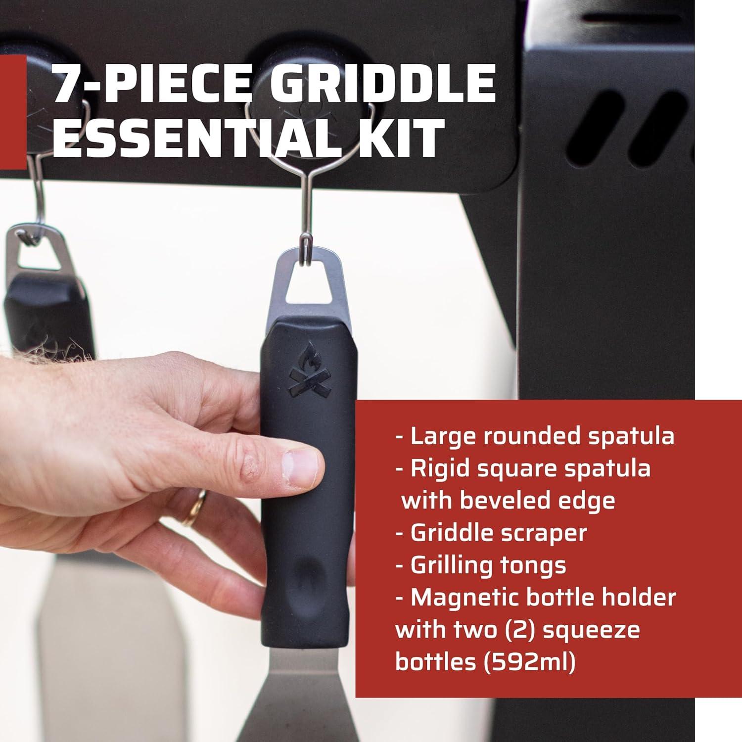 Camp Chef Griddle Essentials Kit - Flat-Top Griddle Accessories Include 2 Grill Spatulas, Grilling Tongs, Grill Scraper, 2 Squeeze Bottles & Magnetic Bottle Holder