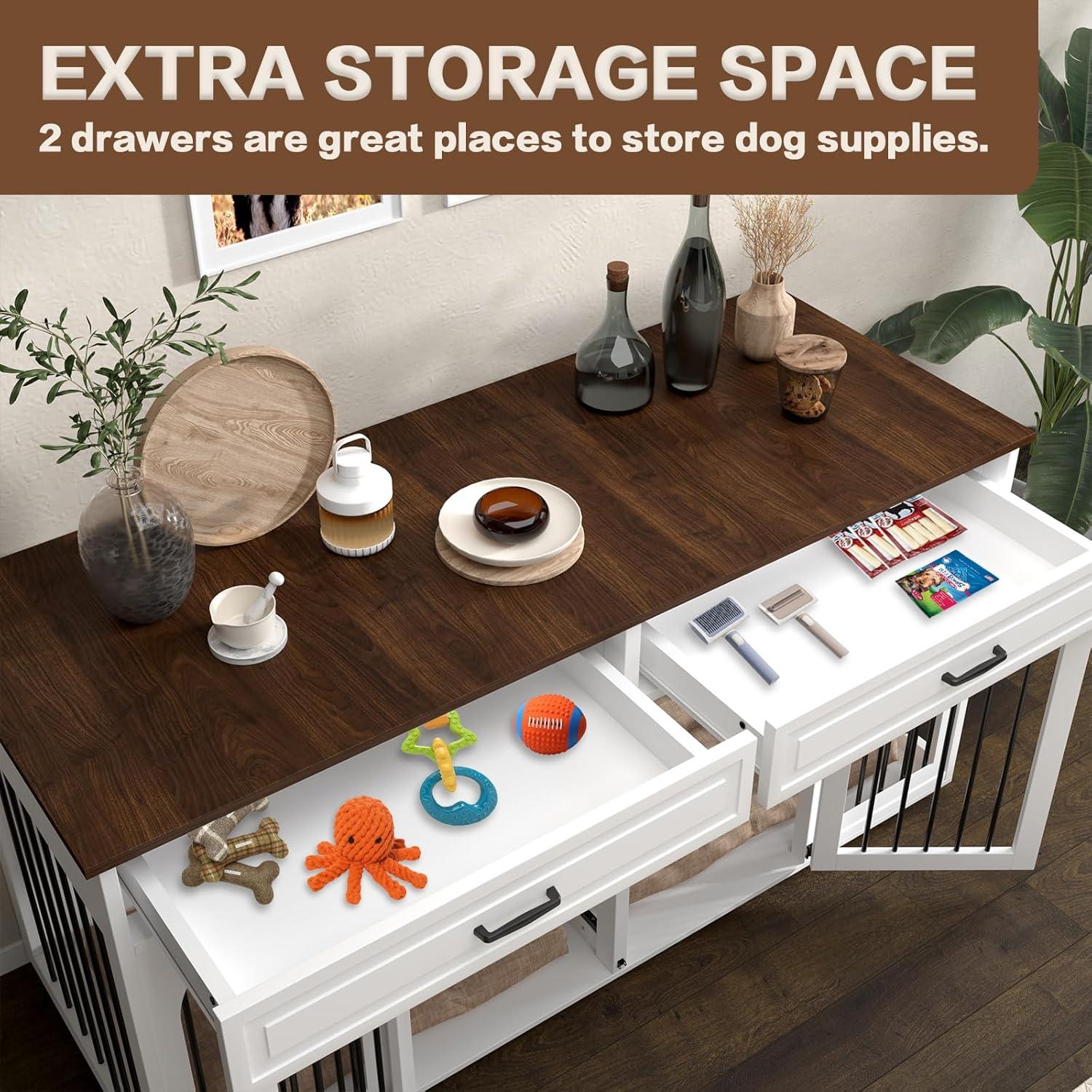 Tucker Murphy Pet™ 74.8" XXL Double Dog Kennel Furniture For Large Breed,Heavy Duty Wooden Dog Crate Cage Furniture Style With Storage Rack And Divider For 2 Dogs Indoor,White & Reviews | Wayfair