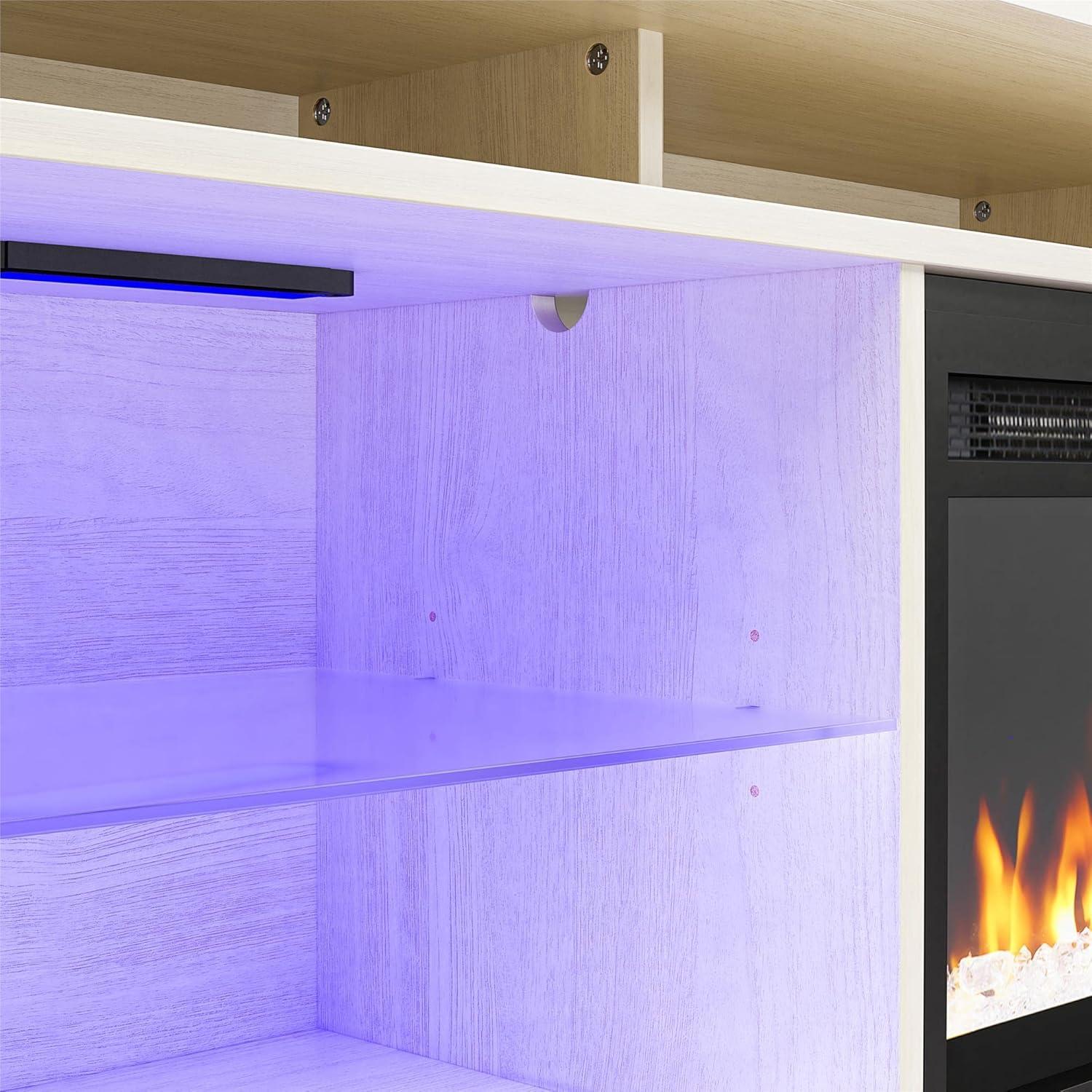 Luna Ivory Oak 65" Fireplace TV Stand with Adjustable Glass Shelves
