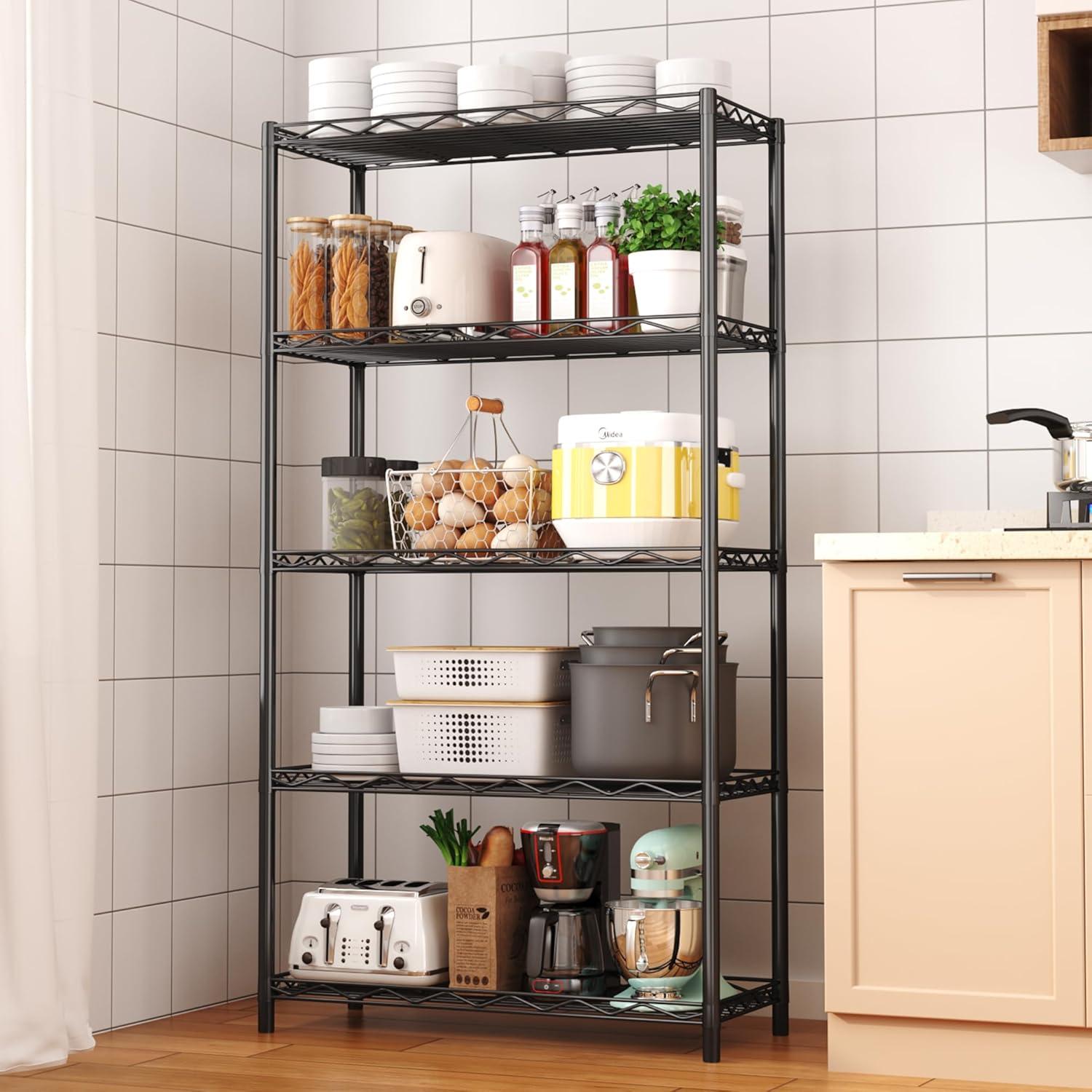 HOMEFORT 5-Tier Wire Shelving 5 Shelves Unit Metal Storage Rack Durable Organizer Perfect for Pantry Closet Kitchen Laundry Organization in Black,21”Wx14”Dx61”H