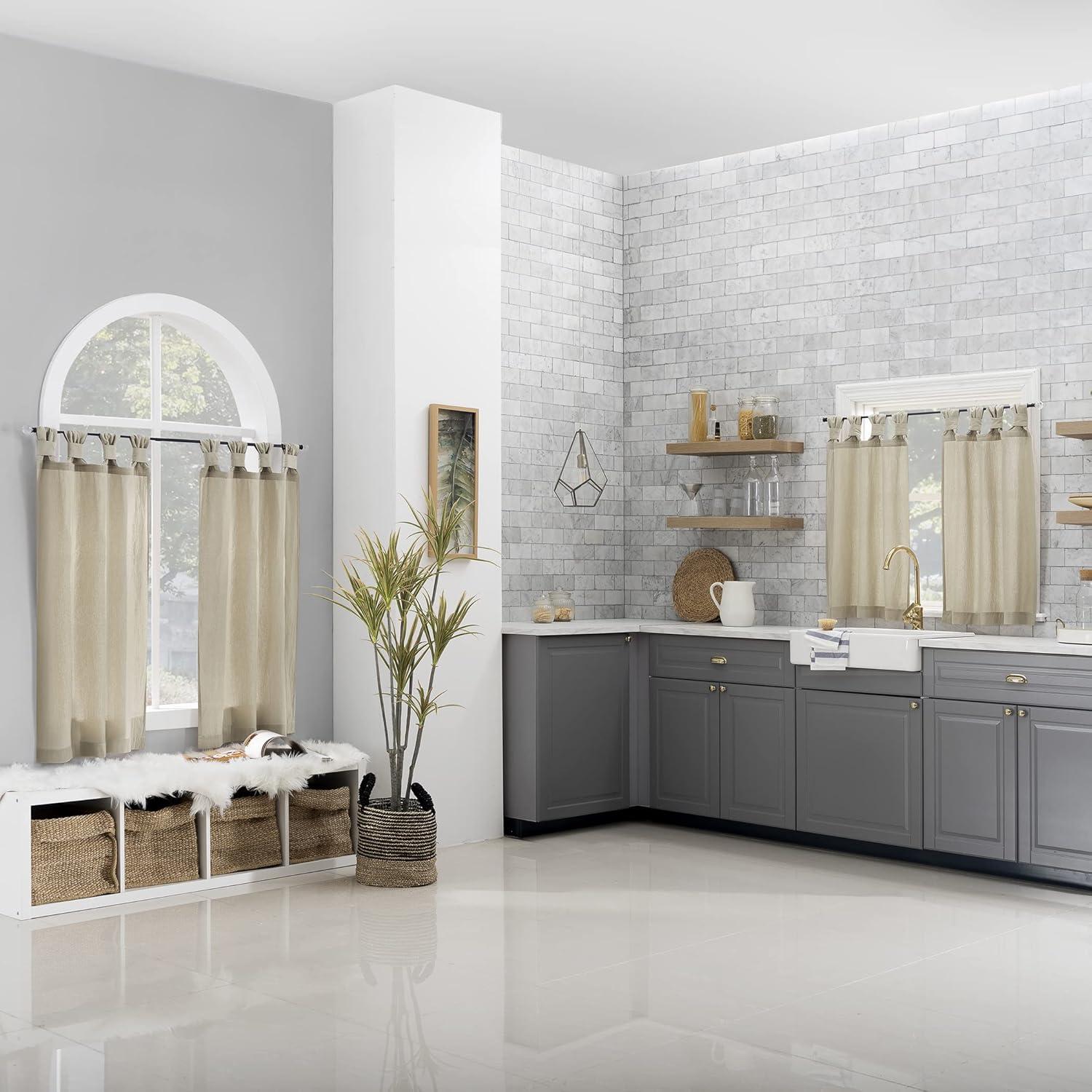 2pc 52"x45" Archaeo Washed Cotton Twist Tab Cafe Curtain Tier Pair Oatmeal: Kitchen Curtains, 45 Inch Long, Solid Beige