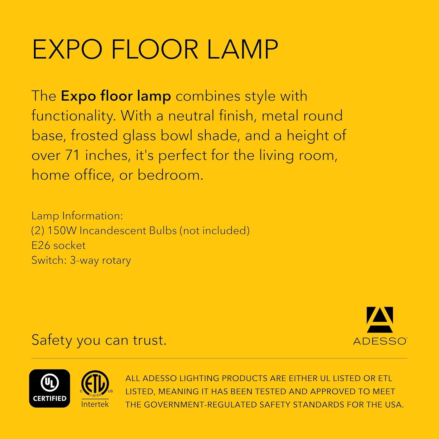 71.5" Expo Floor Lamp Silver - Adesso: ETL Listed, Metal Body, Glass Shade, 2 Sockets, Modern Design