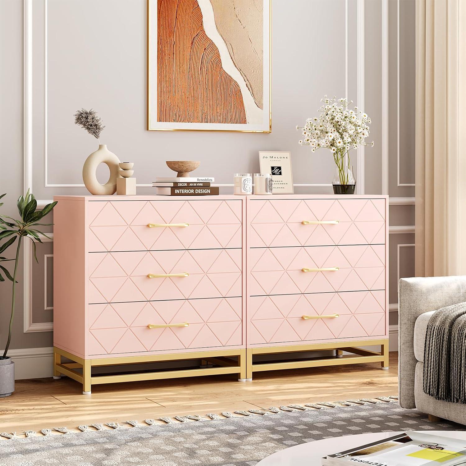 FOLDLIFE 3 Drawer Wood Dresser with Storage, Modern Chest of Drawers for Bedroom or Closet, Stylish Nightstand with Gold Handles