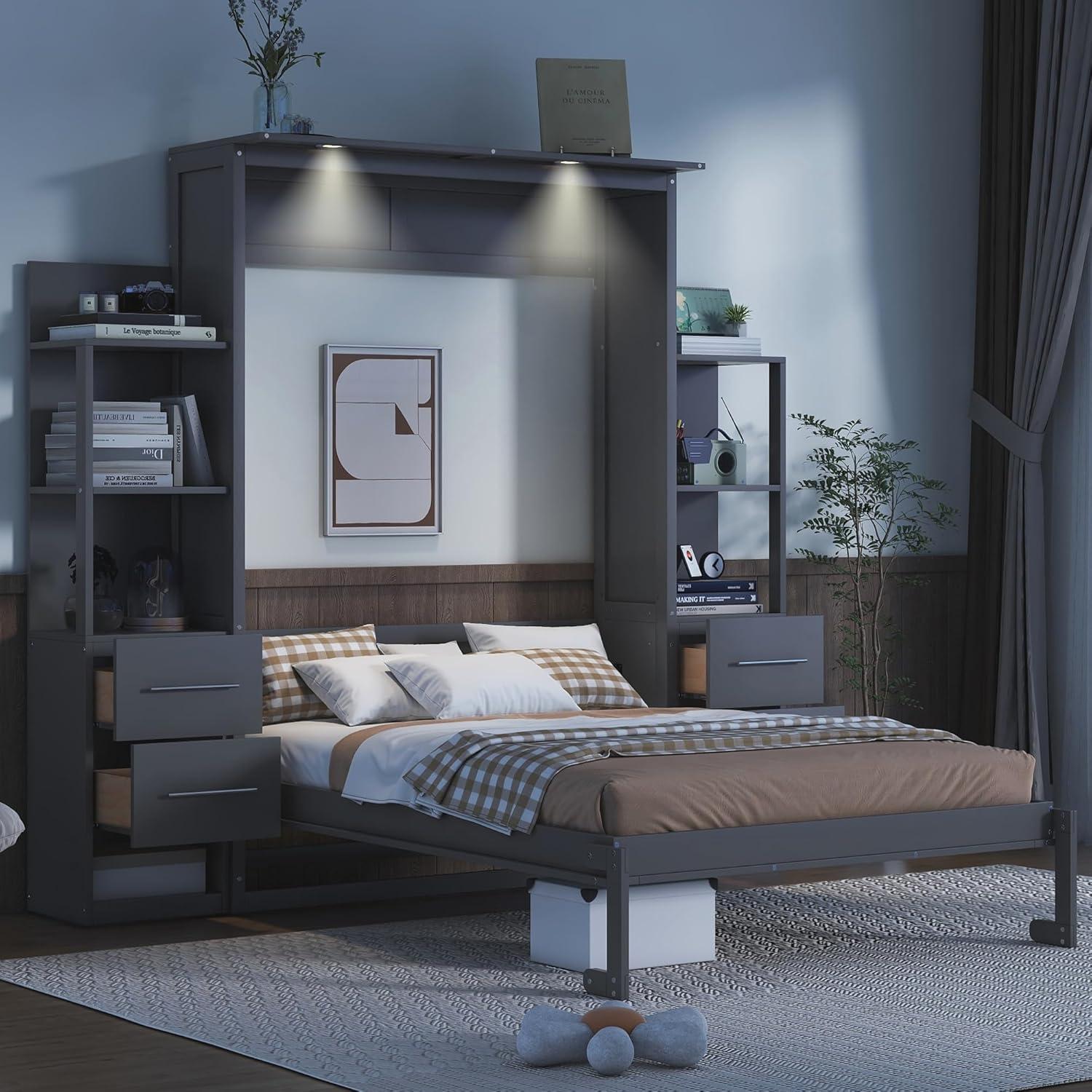 Cosmic Full Size Murphy Bed Wall Bed with Shelves, Drawers and LED Lights