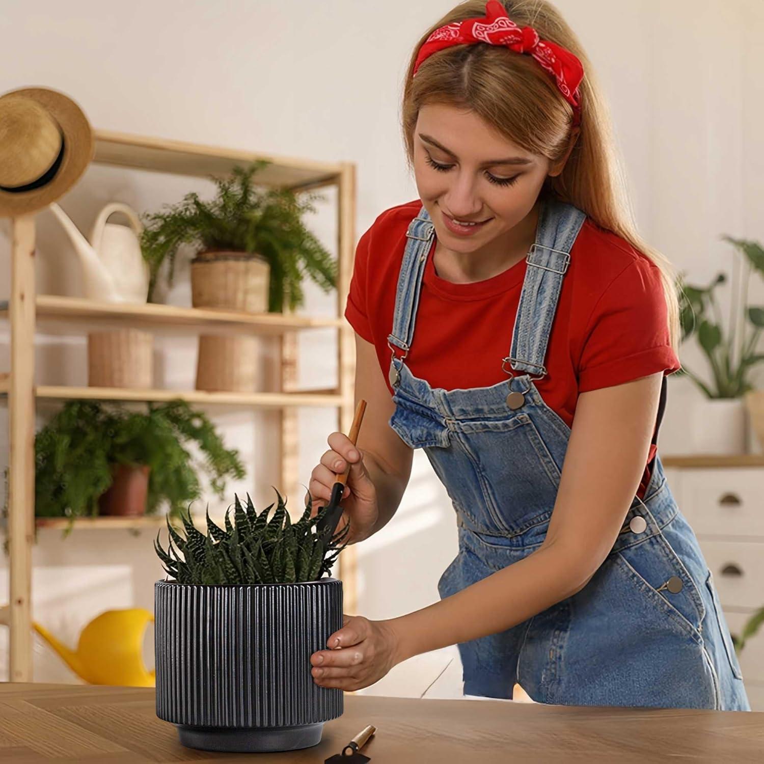 Set of 3 Black Ribbed Ceramic Planter Pots with Drainage