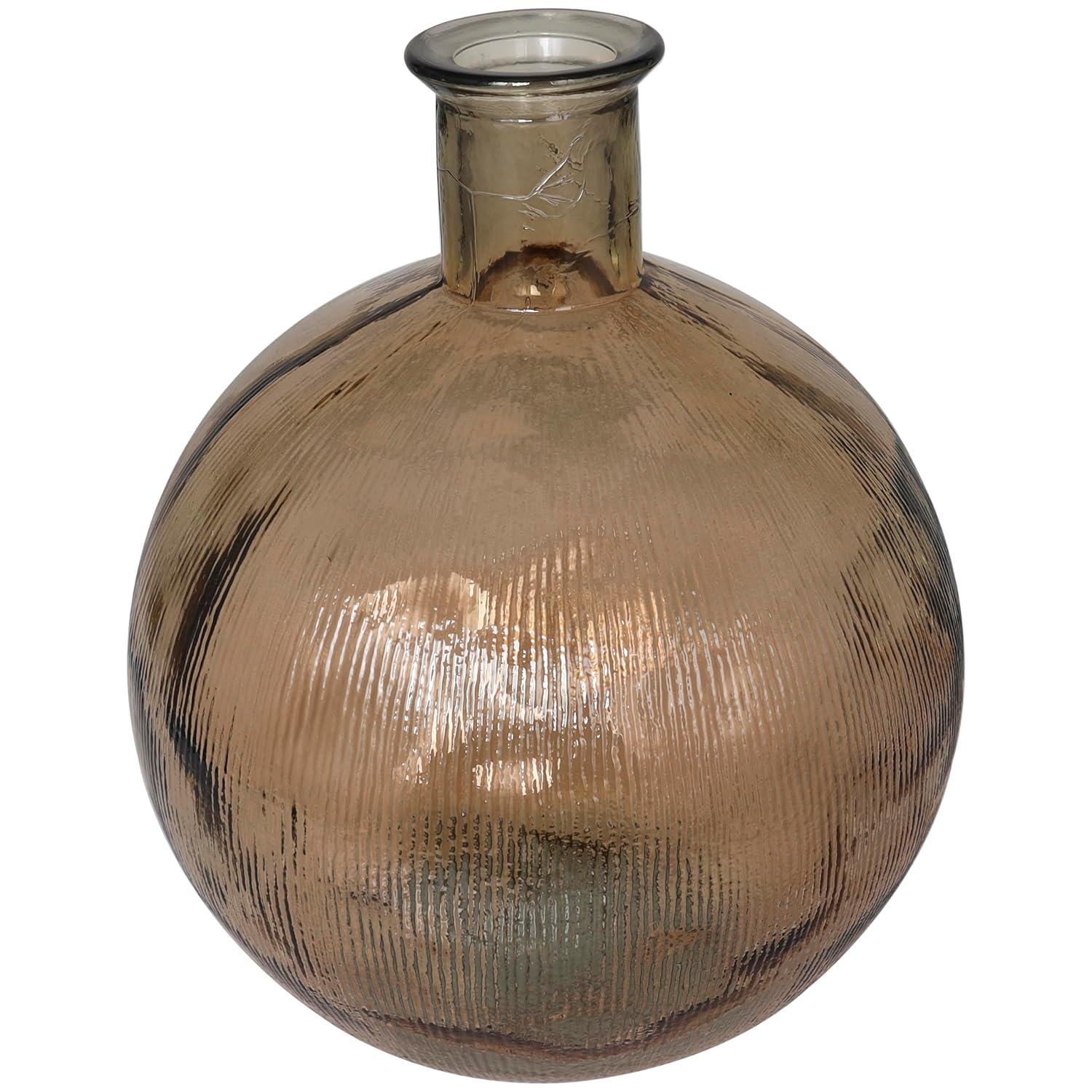 Deco 79 Recycled Glass Handmade Decorative Vase Spanish Bottle Neck Ribbed Centerpiece Vase, Flower Vase for Home Decoration 13" x 13" x 17", Brown