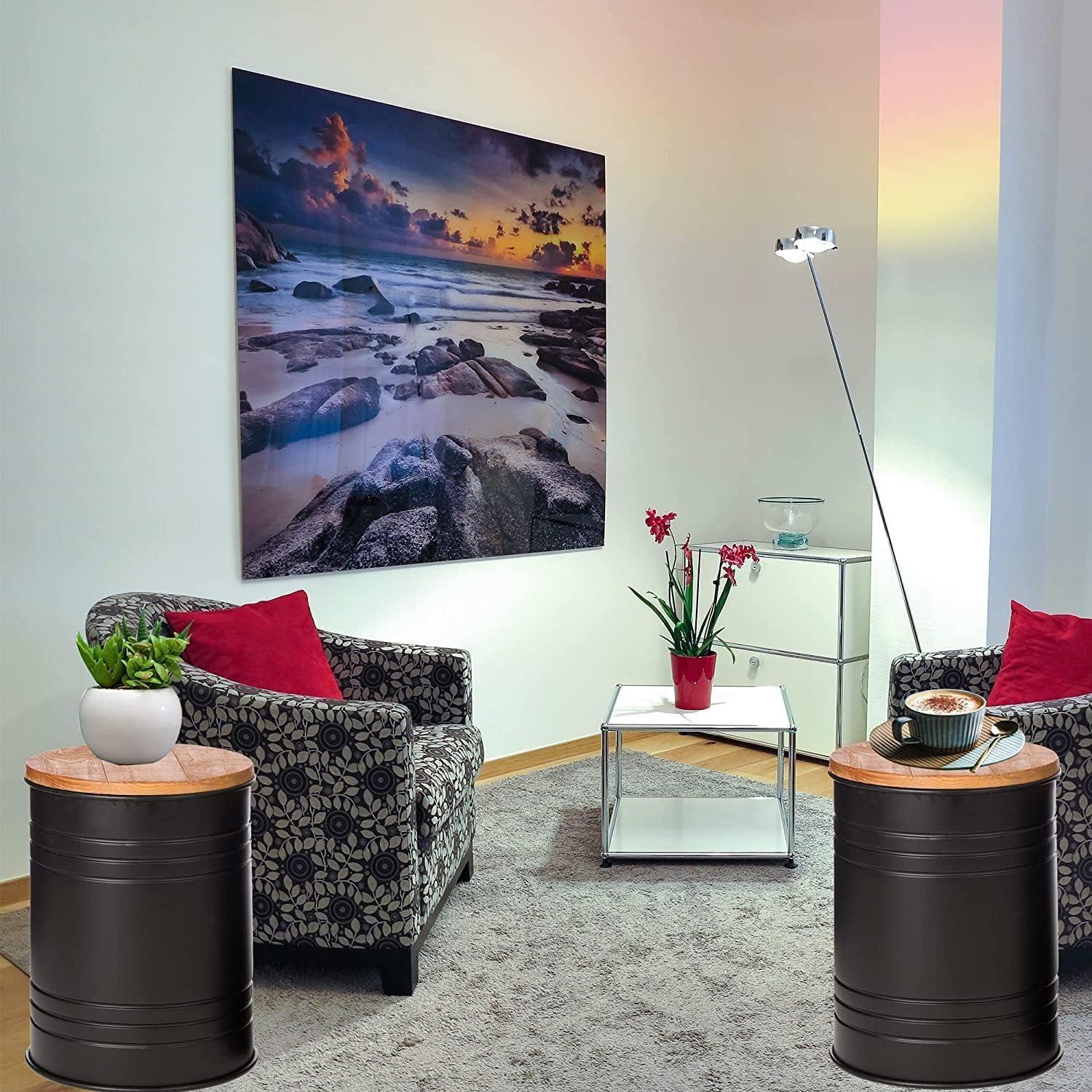 Rustic Storage Ottoman Seat Stool, Farmhouse Accent Side Table, Antique Galvanized Metal End Table Box Bin with Round Wooden Lid Set of 2 (Black)