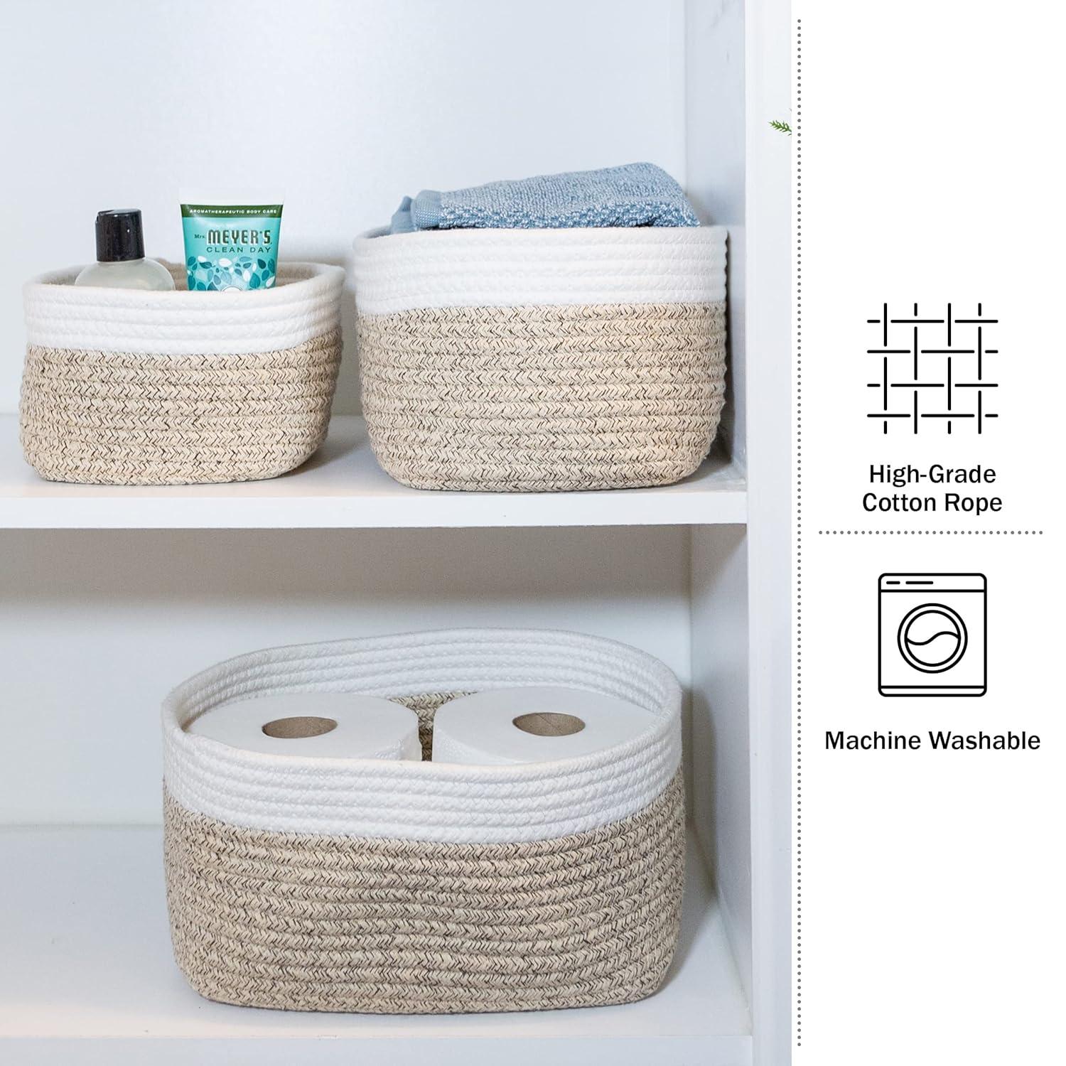 Home-Complete 3pc Storage Basket Set Natural: Cotton Square Decorative Bins for Shelves, Hand Wash, 12"x8.5"x5.5"