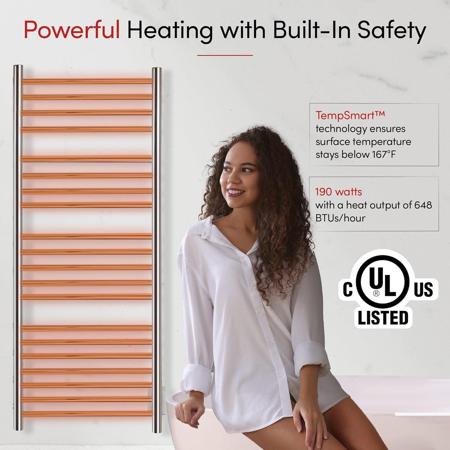 Heated Towel Rack, 20-Bar Wall Mounted Towel Warmer Polished Stainless Steel for Luxury Spa-Like Comfort in Your Bathroom, Electric Hardwired 190 W (WarmlyYours Bellagio)