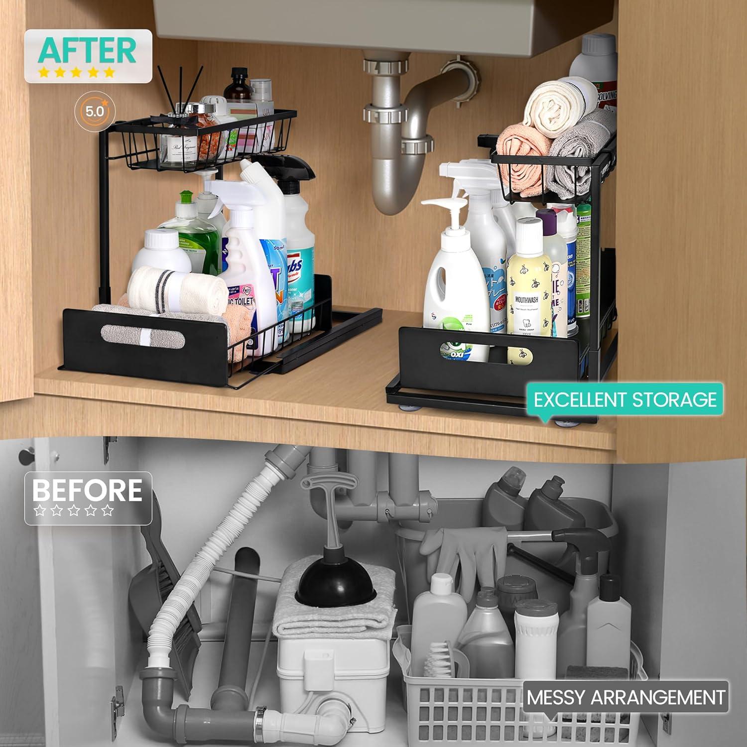 Under Sink Organizers and Storage, 2 Pack Pull Out Kitchen Bathroom Cabinet Organizer, 2 Tier Black Under Sink Storage for Bathroom Kitchen, Under Counter Storage Organizer with 8 Hooks