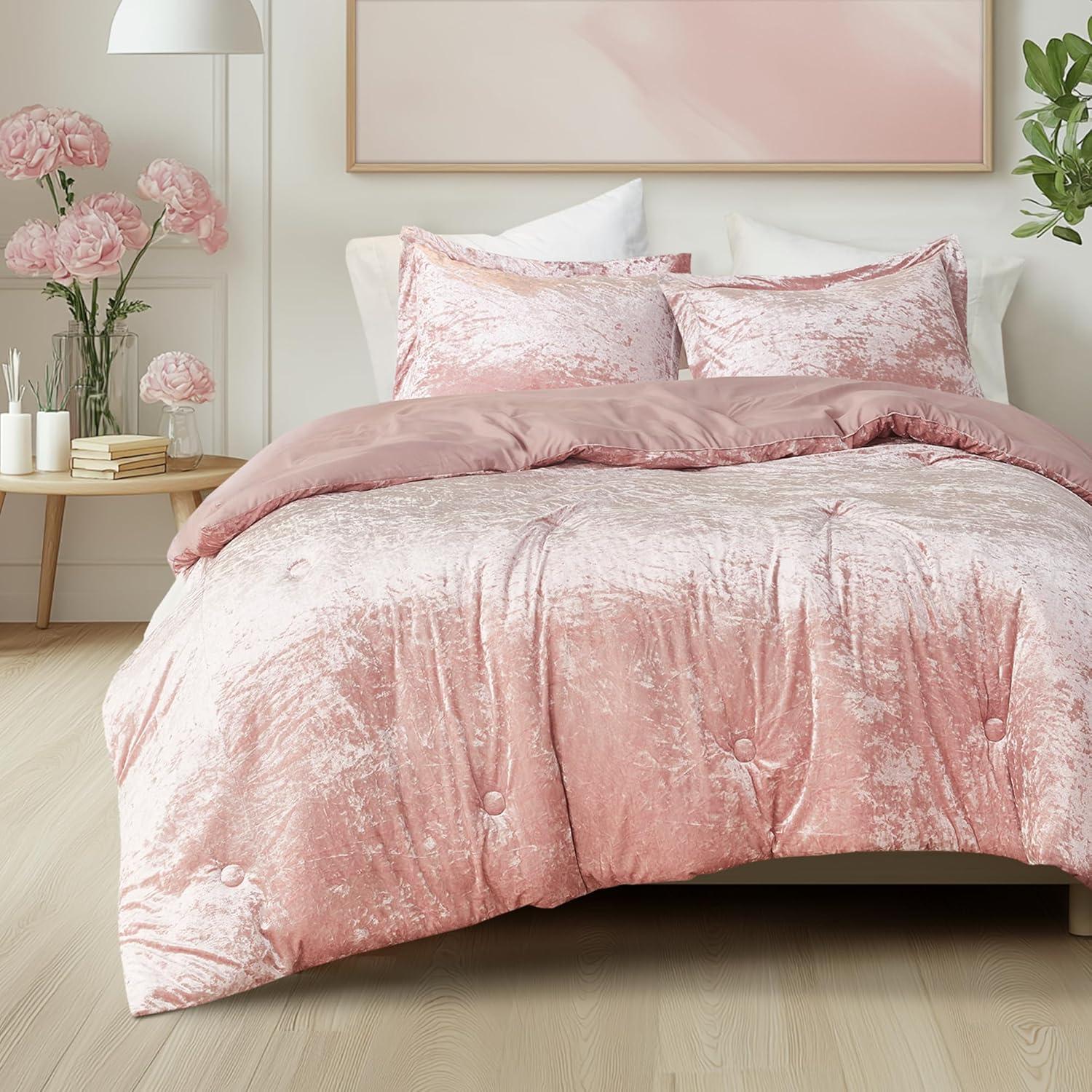 Comfort Spaces Full/Queen Cozy Velvet Comforter Sets, Luxe 3-Piece All Season Down Alternative Bedding Set, Pink Blush Damask Comforter Bed Set with Pillow Shams