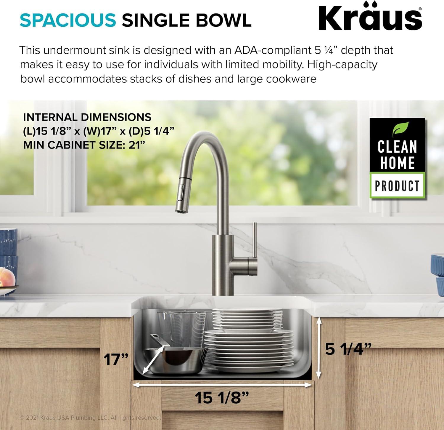 Dex™️ Series KRAUS 17" L Undermount 16 Gauge Stainless Steel Single Bowl Kitchen Sink