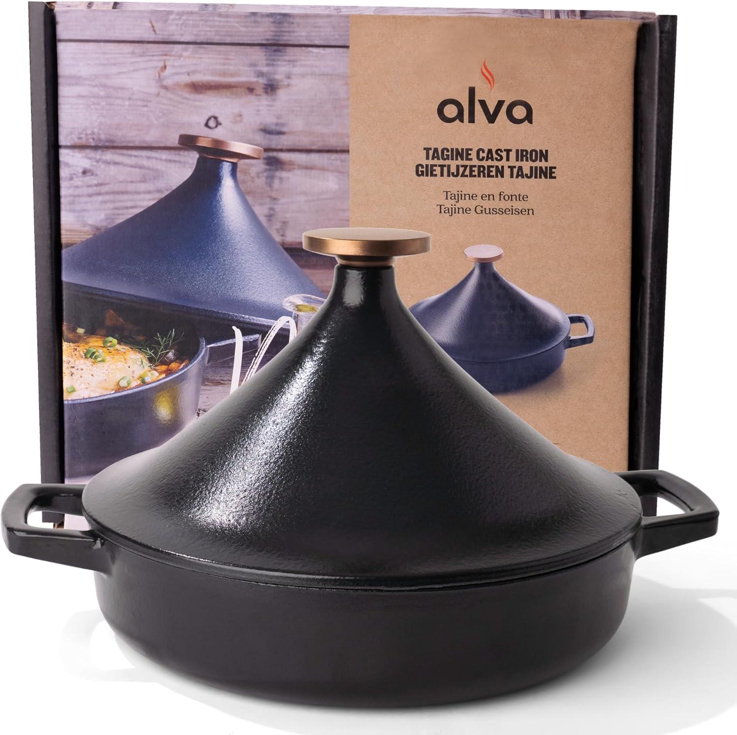 Alva Nori Enameled Cast Iron Tagine Pot, Scratch Resistant, Non Toxic, Includes Cone Lid & Bronze Knob - 102.4 Oz, 11"