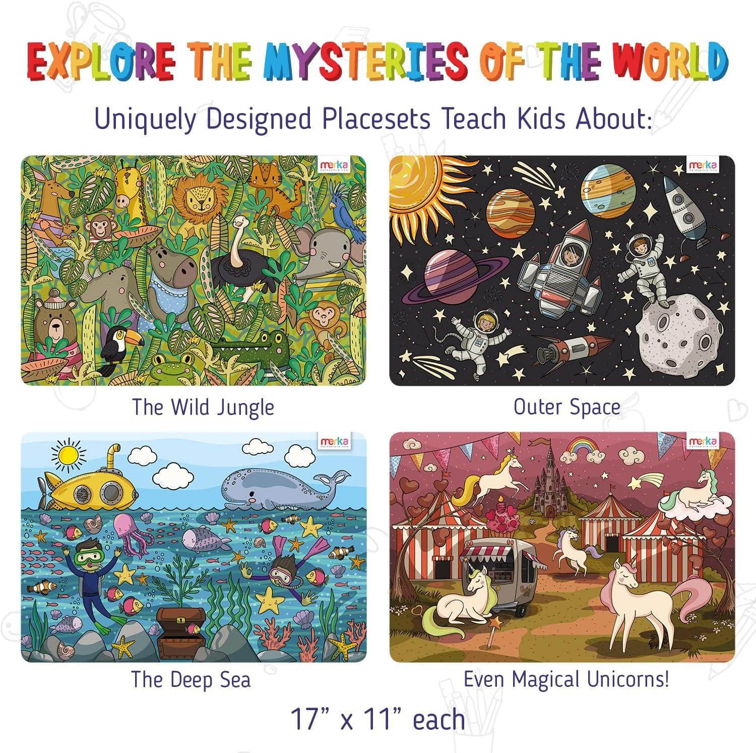 merka Kids Wipeable Plastic Placemats for Dining Table - Ocean, Space, Jungle, Unicorns for Ages 2 and Up, Set of 4
