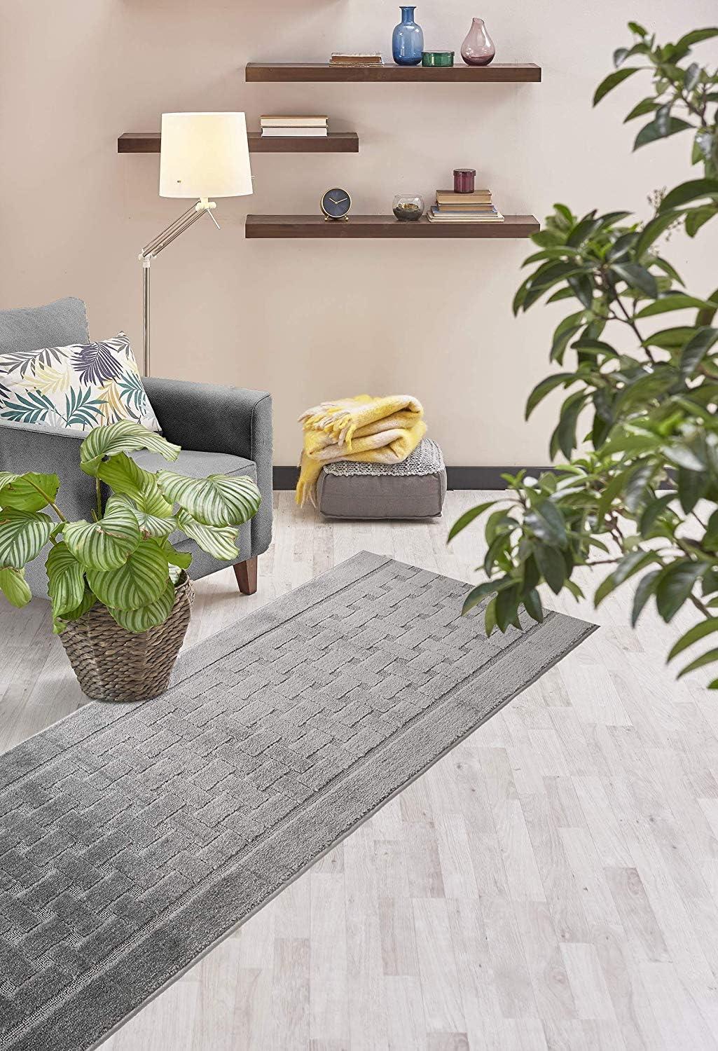 Gray Medium Pile Non-Slip Washable Runner Rug with Rubber Backing