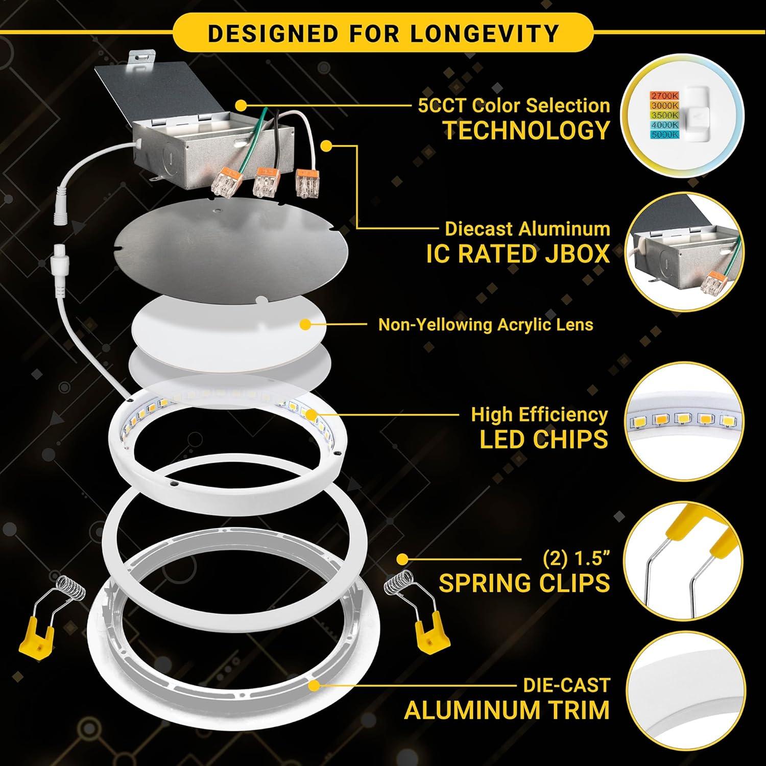 Adjustable Downlight 4'' Selectable Color Temperature Dimmable Air-Tight IC Rated LED Canless Recessed Lighting Kit