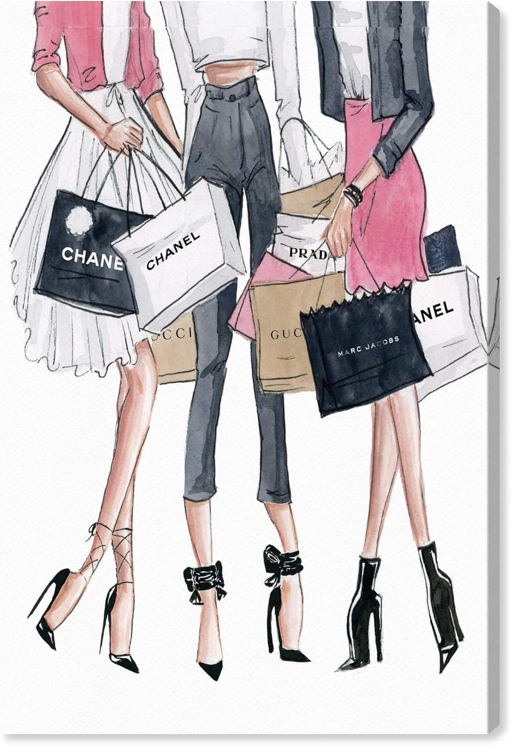 Fashion Shopping Date Canvas Art Print in Pink and White