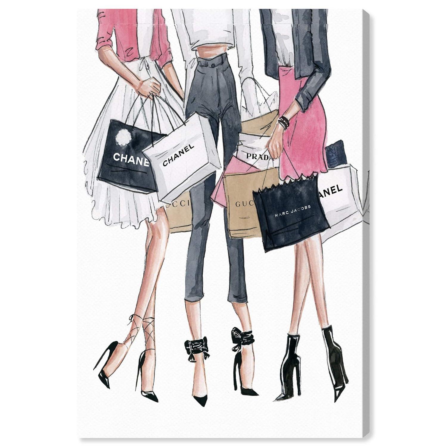 Wynwood Studio Fashion and Glam Wall Art Canvas Prints 'Shopping Date' Lifestyle Home Décor, 16" x 24", White, Pink