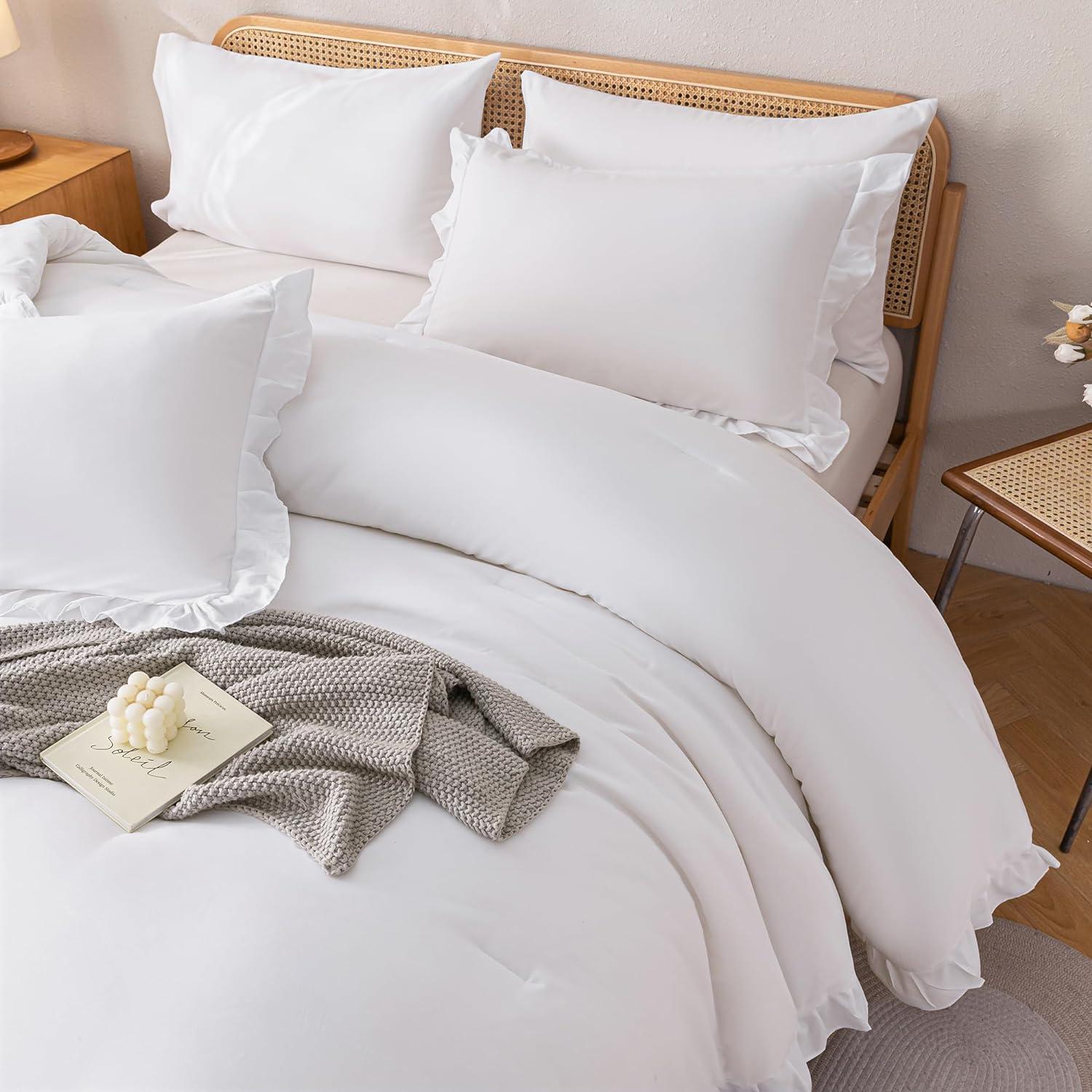 White Microfiber Queen Ruffle Comforter Set with Pillowcases